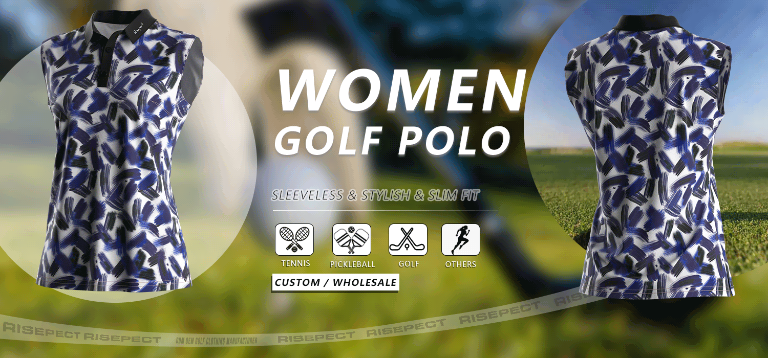 Sleeveless women's golf polo banner showing front and back views of the shirt, suitable for golf, tennis, pickleball, and other sports; ideal for custom branding and wholesale orders.