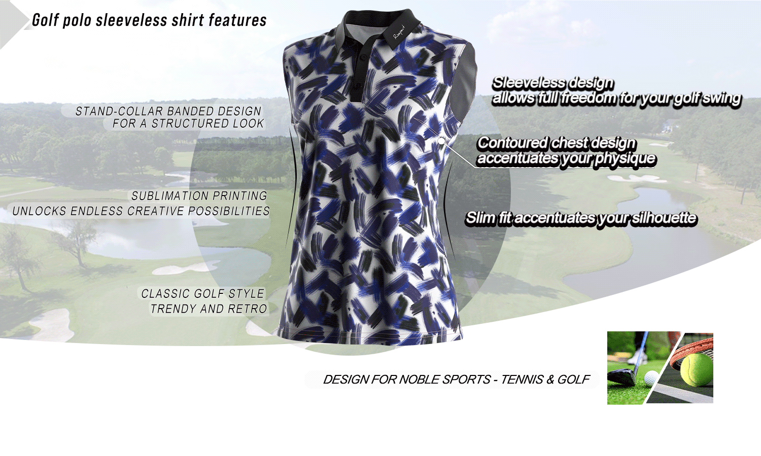 Feature graphic of a sleeveless women's golf polo shirt highlighting key benefits such as stand collar, slim fit, breathable fabric, and full-motion design; ideal for golf, tennis, and wholesale customization.