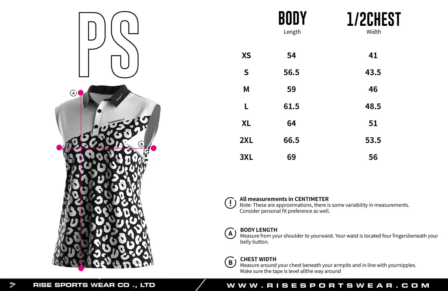 Sleeveless women's golf polo shirt size chart — measurements in cm from XS to 3XL including width and length