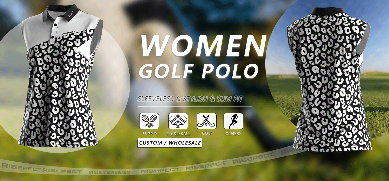 Sleeveless women's golf polo banner showing front and back views of the shirt, suitable for golf, tennis, pickleball, and other sports; ideal for custom branding and wholesale orders.