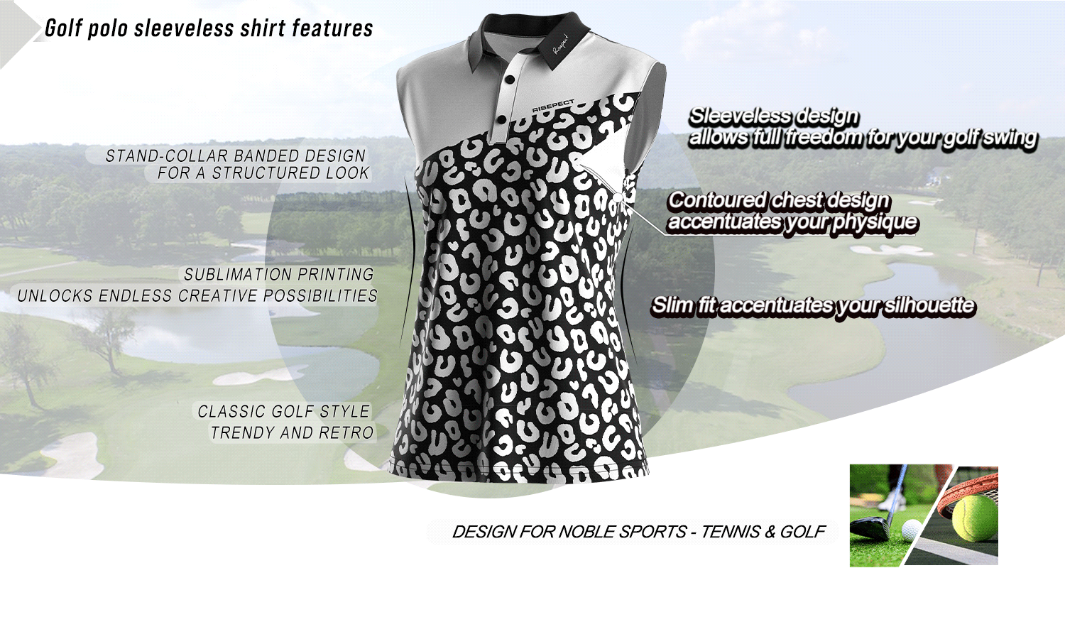 Feature graphic of a sleeveless women's golf polo shirt highlighting key benefits such as stand collar, slim fit, breathable fabric, and full-motion design; ideal for golf, tennis, and wholesale customization.