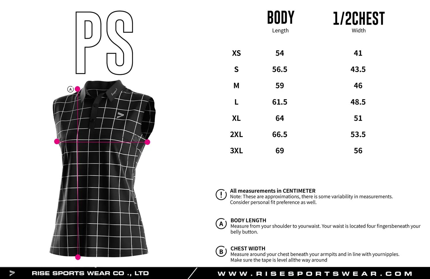 Sleeveless women's golf polo shirt size chart — measurements in cm from XS to 3XL including width and length