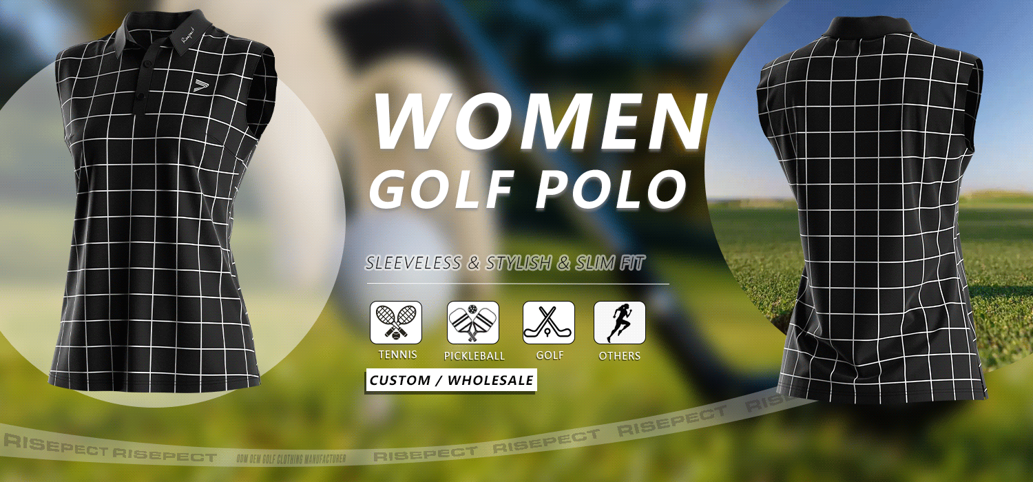 Sleeveless women's golf polo banner showing front and back views of the shirt, suitable for golf, tennis, pickleball, and other sports; ideal for custom branding and wholesale orders.