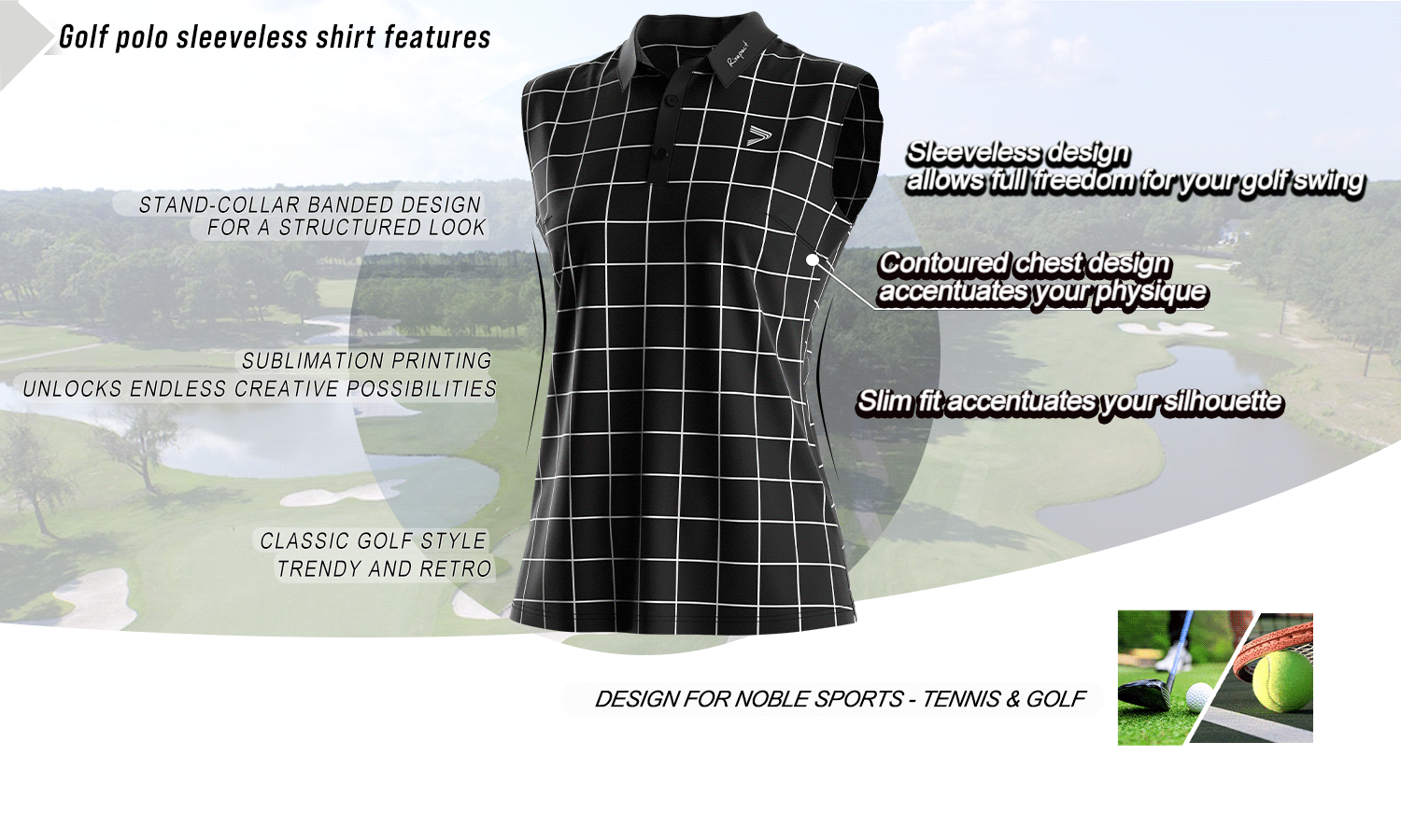 Feature graphic of a sleeveless women's golf polo shirt highlighting key benefits such as stand collar, slim fit, breathable fabric, and full-motion design; ideal for golf, tennis, and wholesale customization.