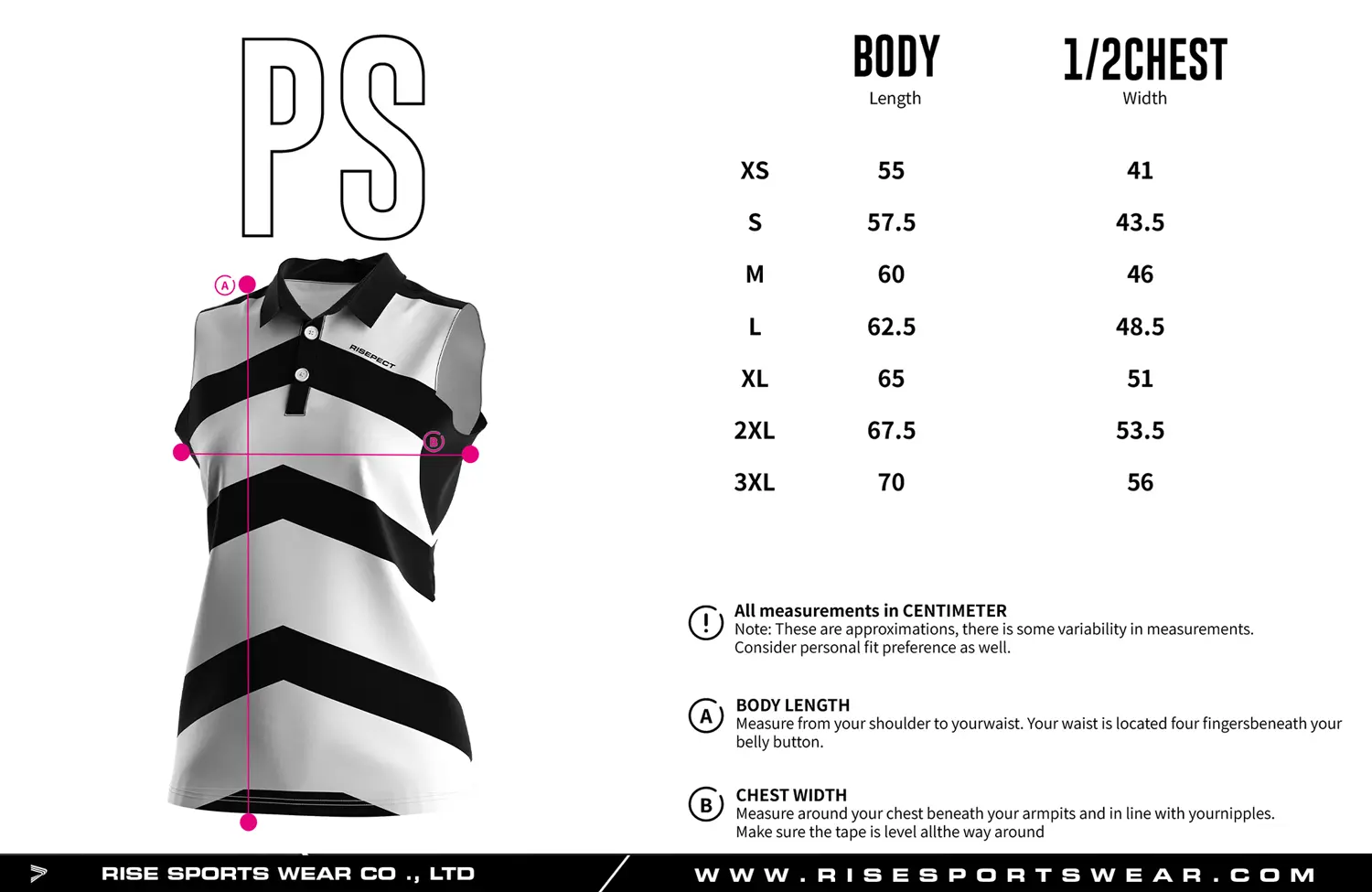 Luxury-crafted sleeveless women's golf polo shirt size chart — measurements in cm from XS to 3XL including width and length.