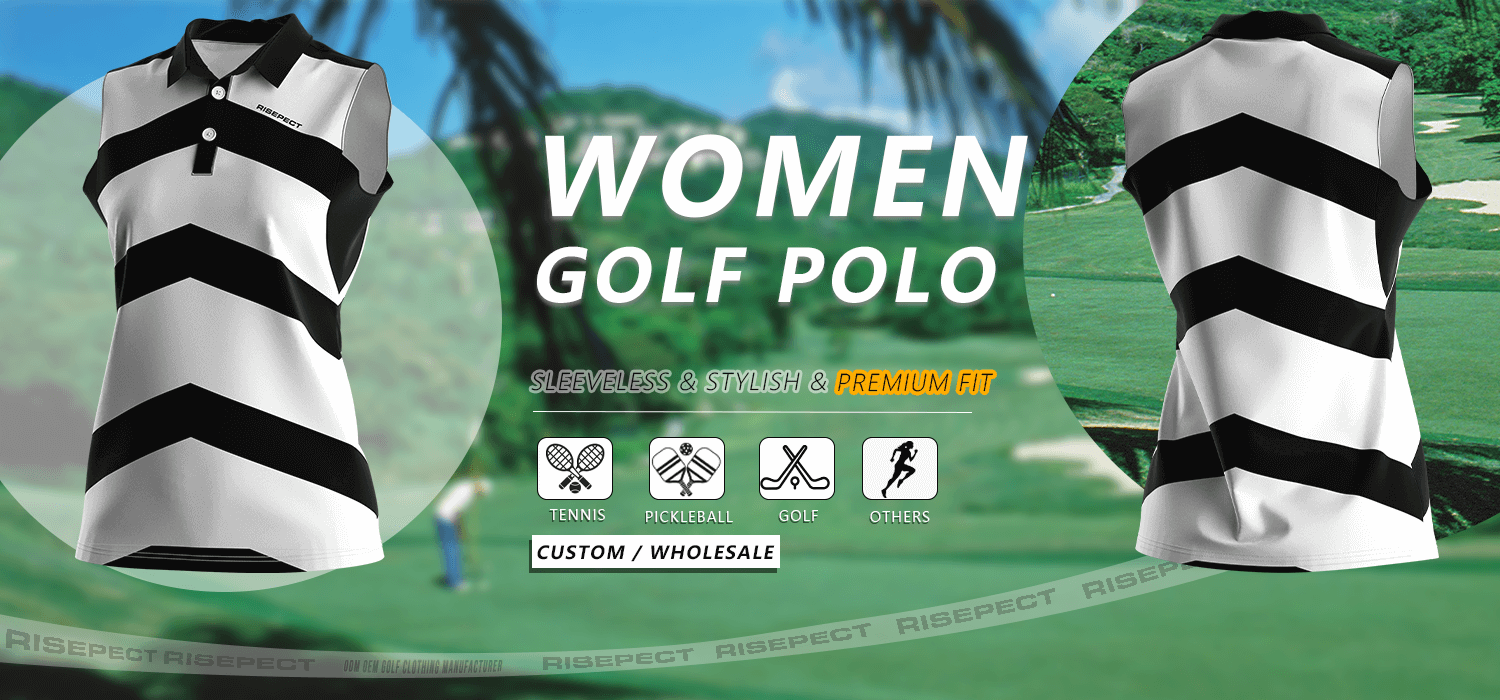 Luxury-crafted sleeveless women's golf polo banner showing front and back views of the shirt, suitable for golf, tennis, pickleball, and other sports; ideal for custom branding and wholesale orders.