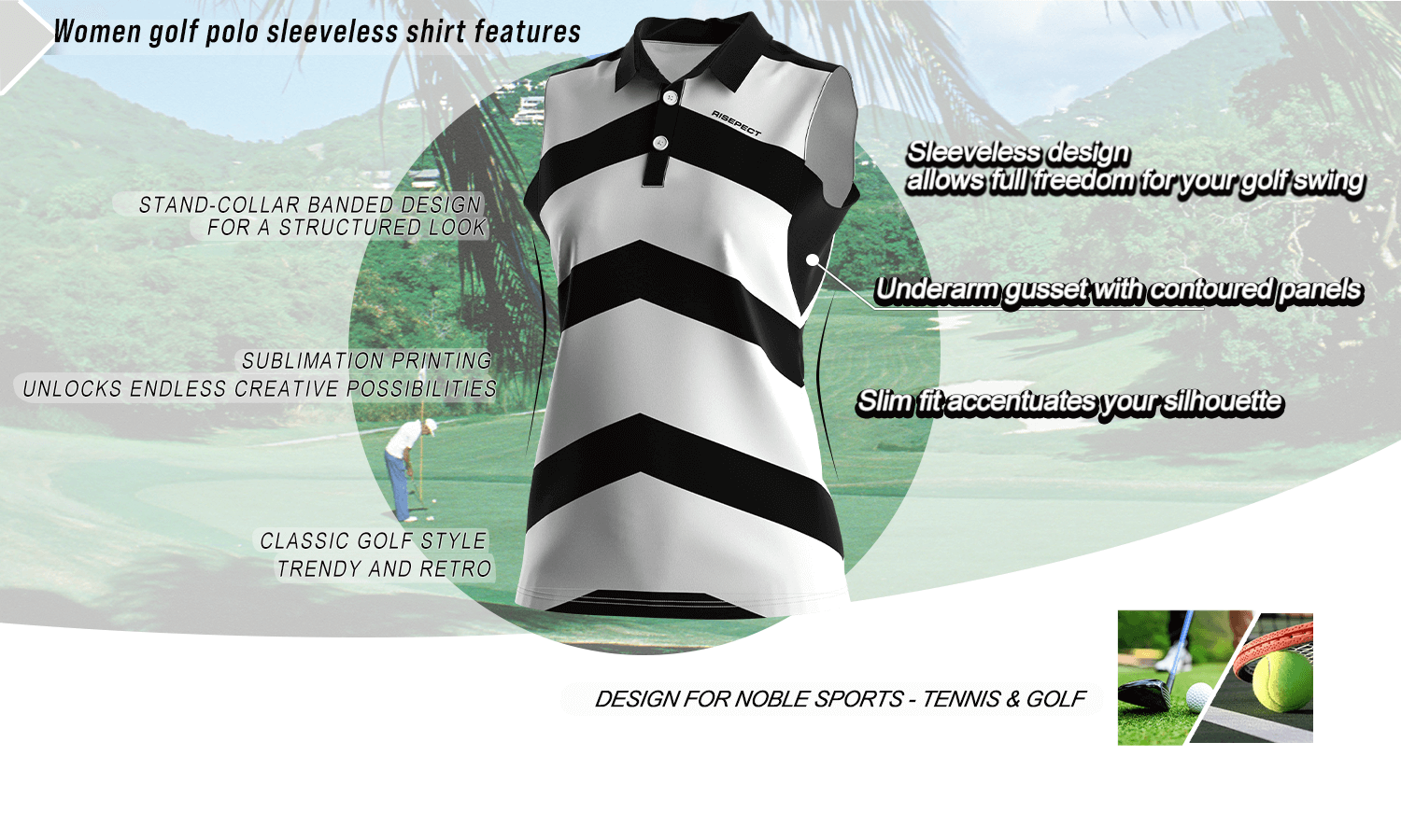 Feature graphic of a luxury-crafted sleeveless women's golf polo shirt highlighting key benefits such as a stand collar, slim fit, breathable fabric, and full-motion design; ideal for golf, tennis, and wholesale customization.