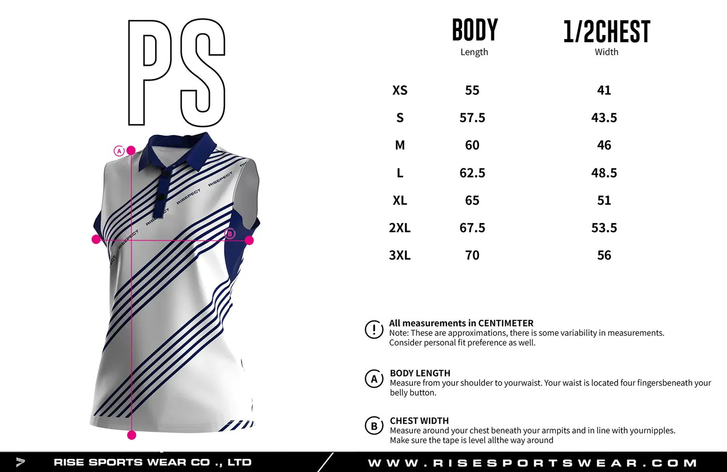 Luxury-crafted sleeveless women's golf polo shirt size chart — measurements in cm from XS to 3XL including width and length.