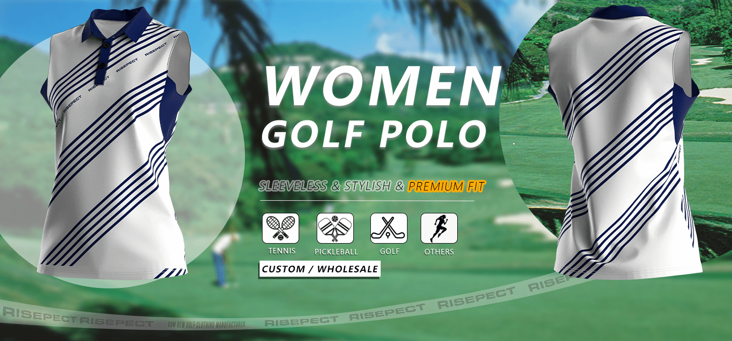 Luxury-crafted sleeveless women's golf polo banner showing front and back views of the shirt, suitable for golf, tennis, pickleball, and other sports; ideal for custom branding and wholesale orders.