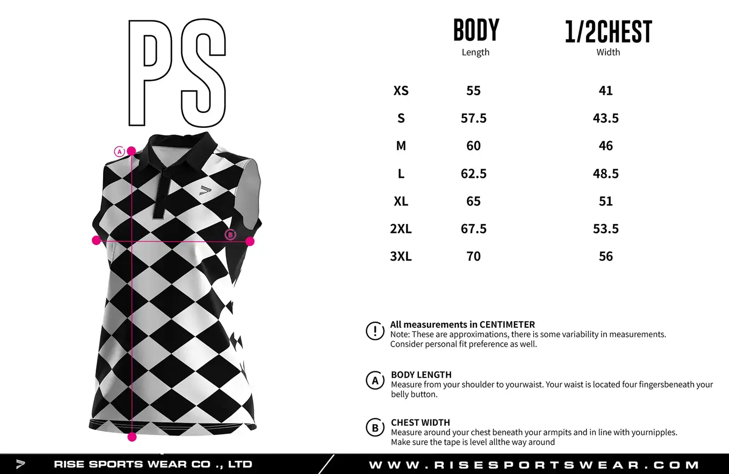 Luxury-crafted sleeveless women's golf polo shirt size chart — measurements in cm from XS to 3XL including width and length.