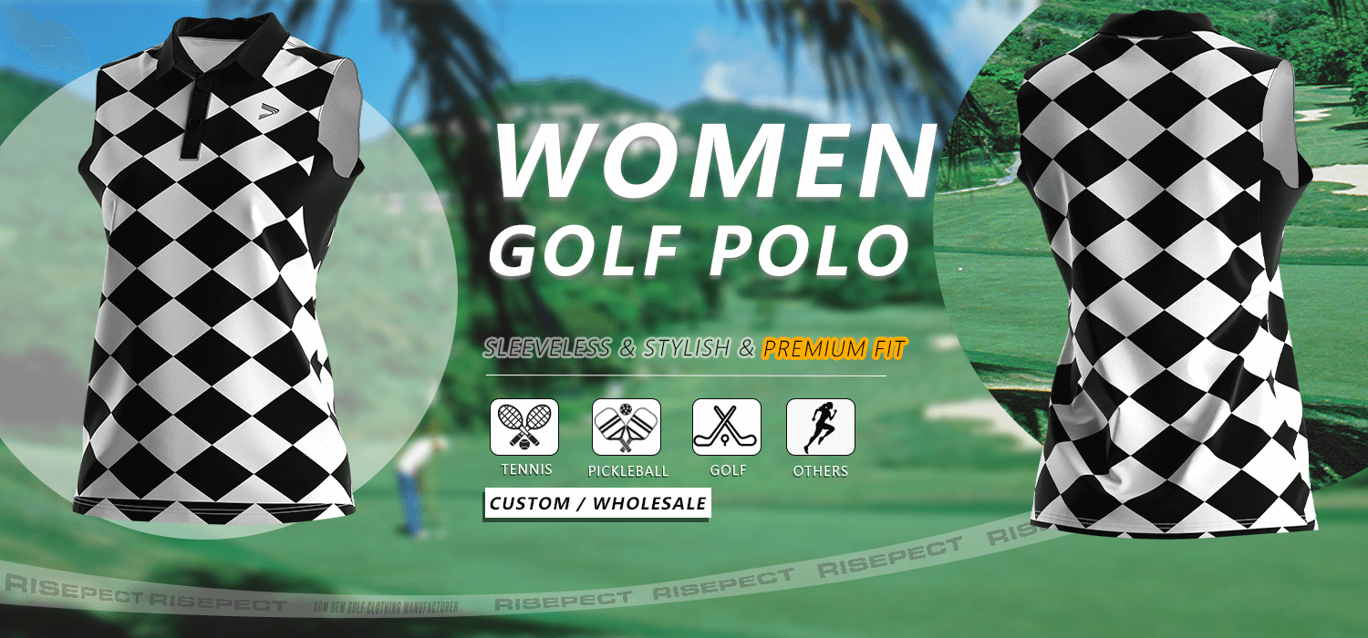 Luxury-crafted sleeveless women's golf polo banner showing front and back views of the shirt, suitable for golf, tennis, pickleball, and other sports; ideal for custom branding and wholesale orders.