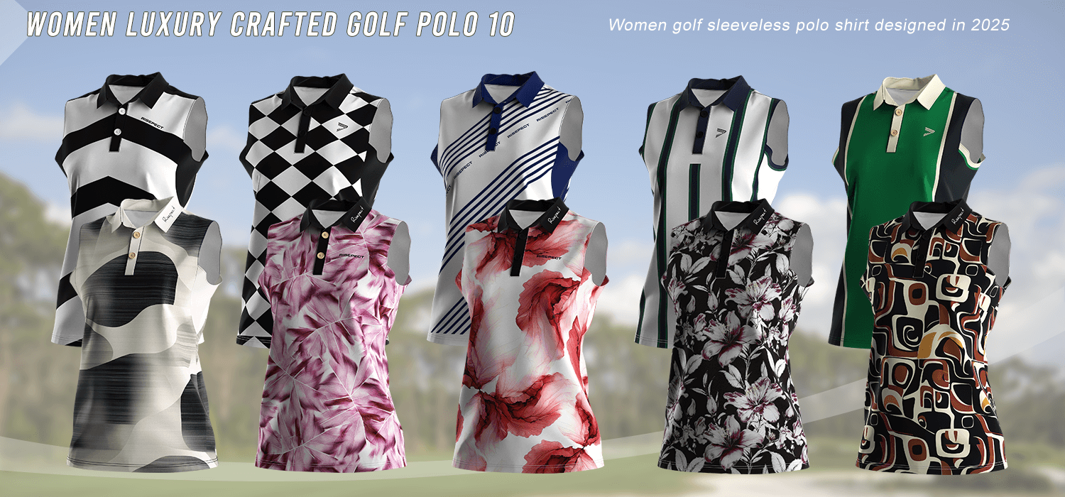 Luxury-crafted women's golf polo sleeveless shirts in ten sublimation print designs, displayed in two row.