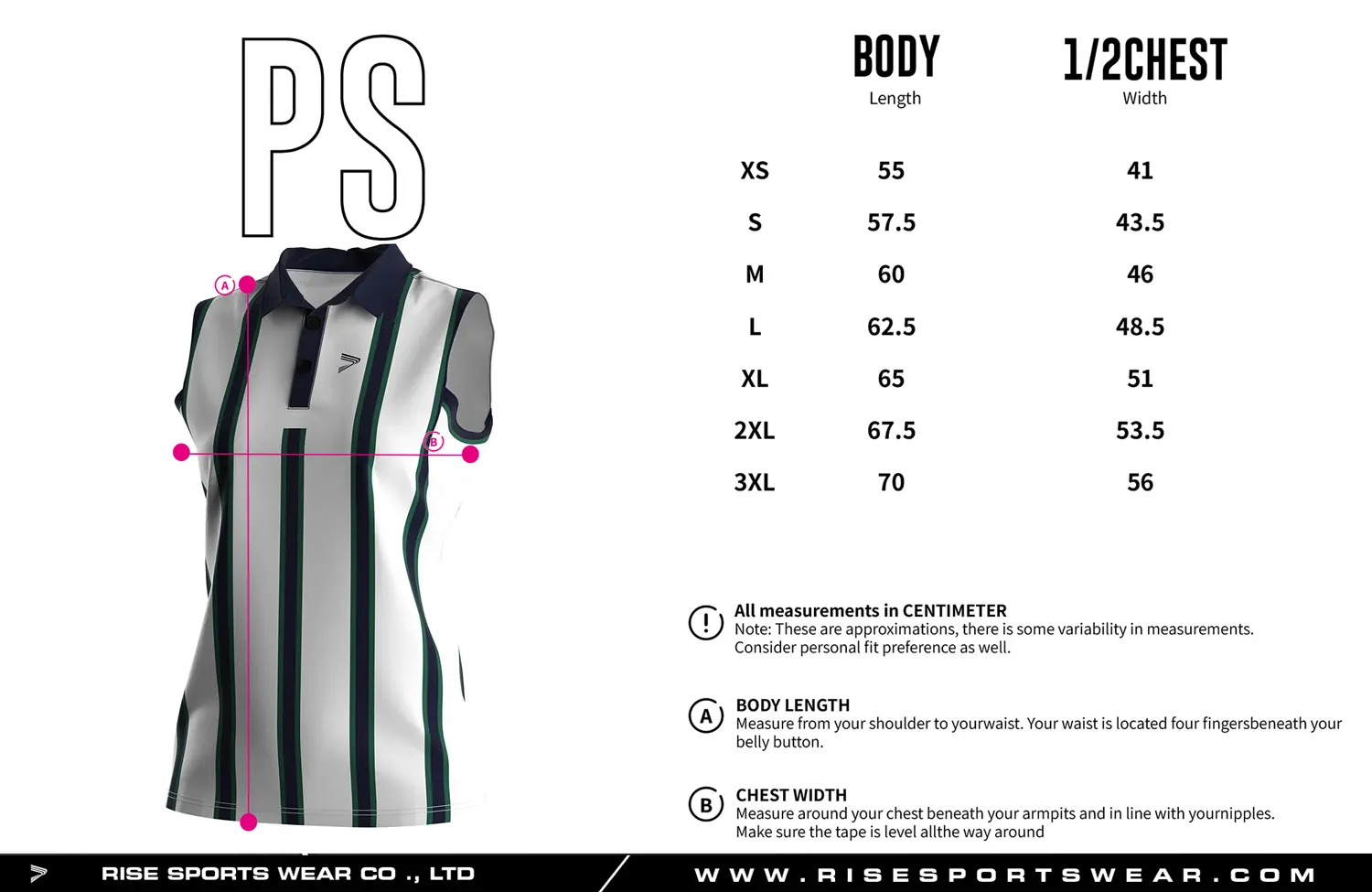 Luxury-crafted sleeveless women's golf polo shirt size chart — measurements in cm from XS to 3XL including width and length.