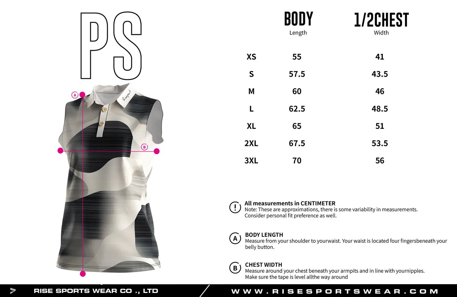 Luxury-crafted sleeveless women's golf polo shirt size chart — measurements in cm from XS to 3XL including width and length.