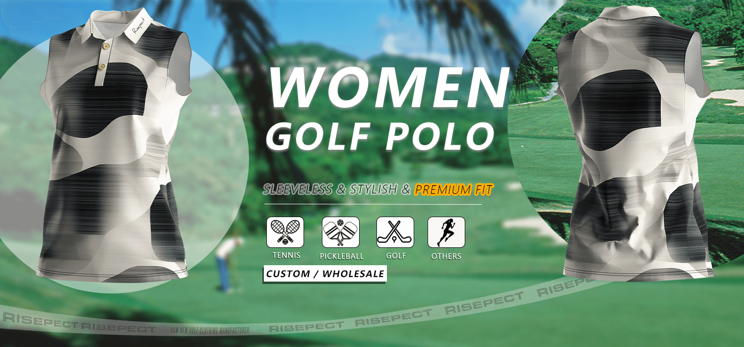 Luxury-crafted sleeveless women's golf polo banner showing front and back views of the shirt, suitable for golf, tennis, pickleball, and other sports; ideal for custom branding and wholesale orders.