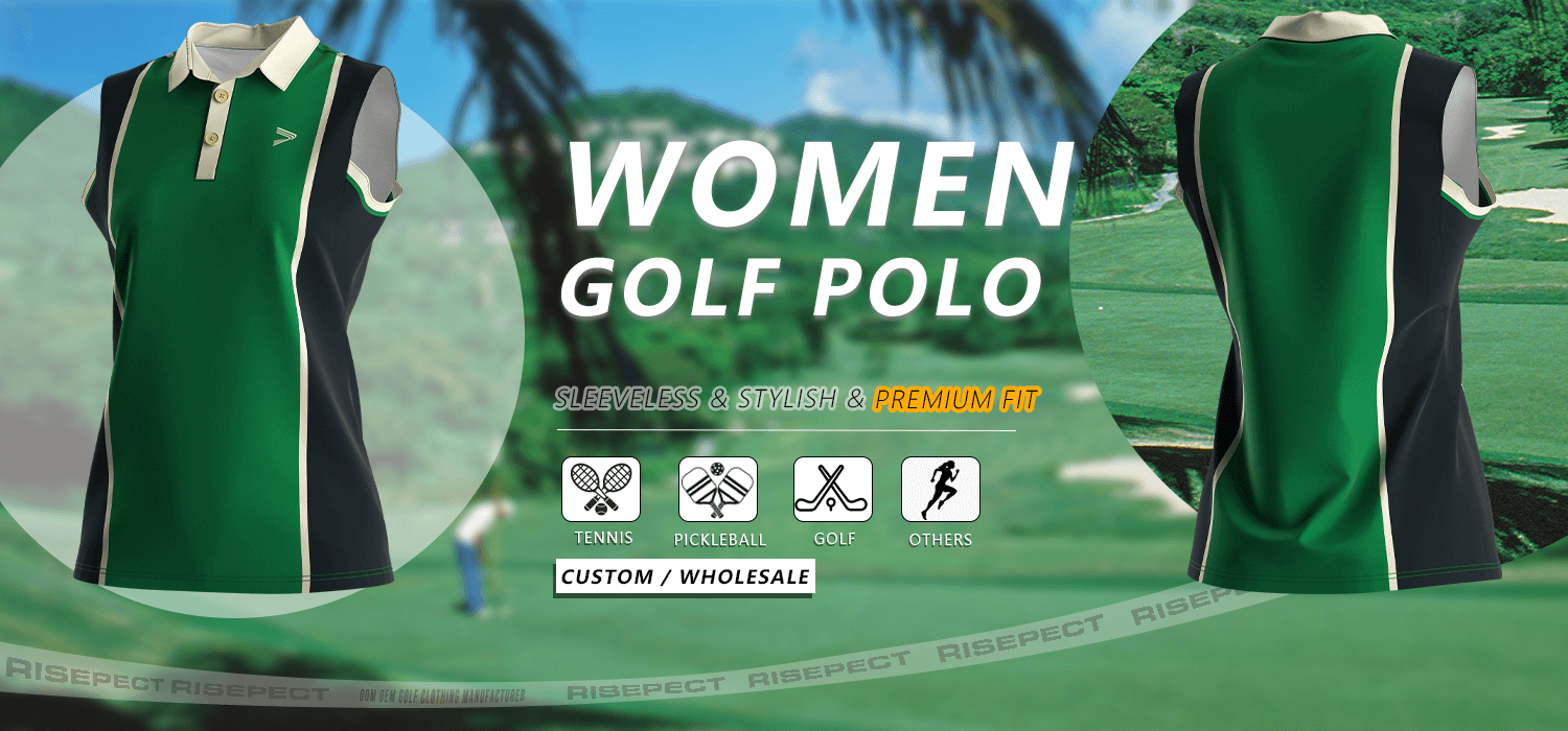 Luxury-crafted sleeveless women's golf polo banner showing front and back views of the shirt, suitable for golf, tennis, pickleball, and other sports; ideal for custom branding and wholesale orders.
