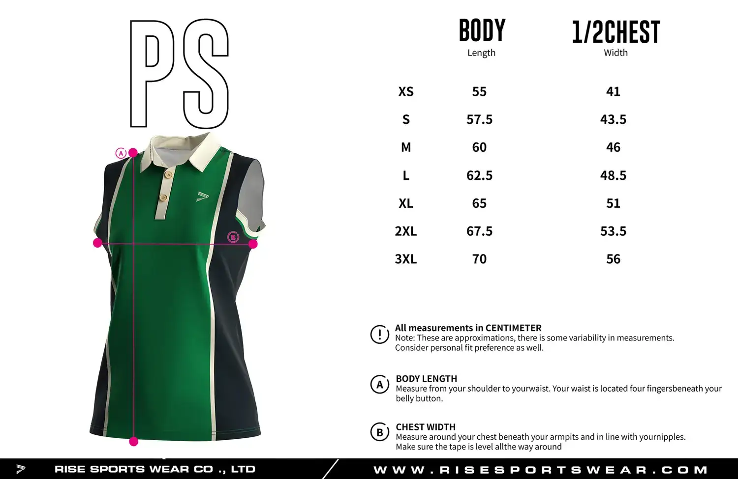 Luxury-crafted sleeveless women's golf polo shirt size chart — measurements in cm from XS to 3XL including width and length.