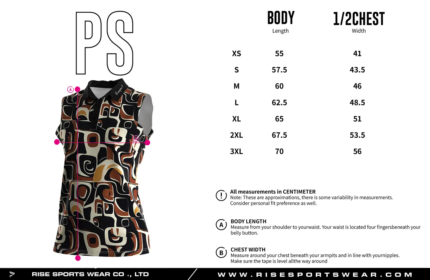 Luxury-crafted sleeveless women's golf polo shirt size chart — measurements in cm from XS to 3XL including width and length.