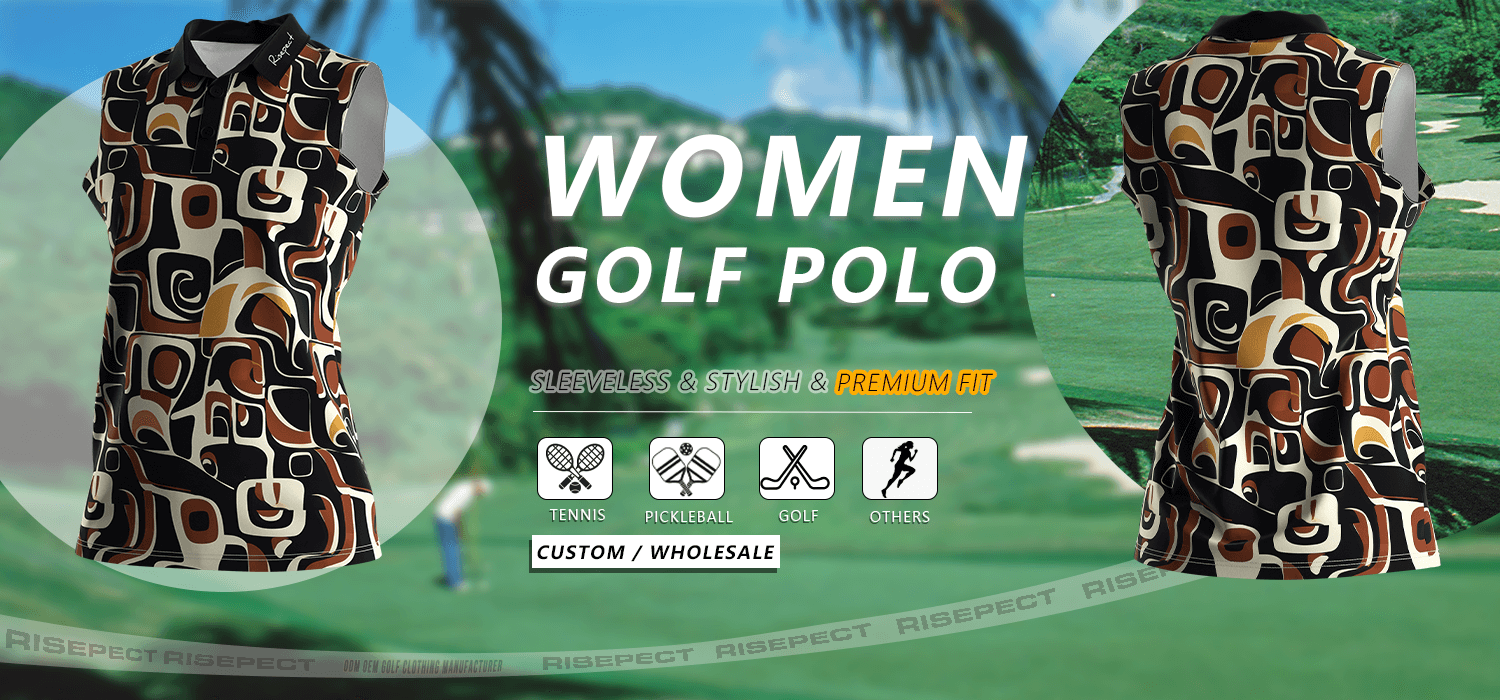 Luxury-crafted sleeveless women's golf polo banner showing front and back views of the shirt, suitable for golf, tennis, pickleball, and other sports; ideal for custom branding and wholesale orders.