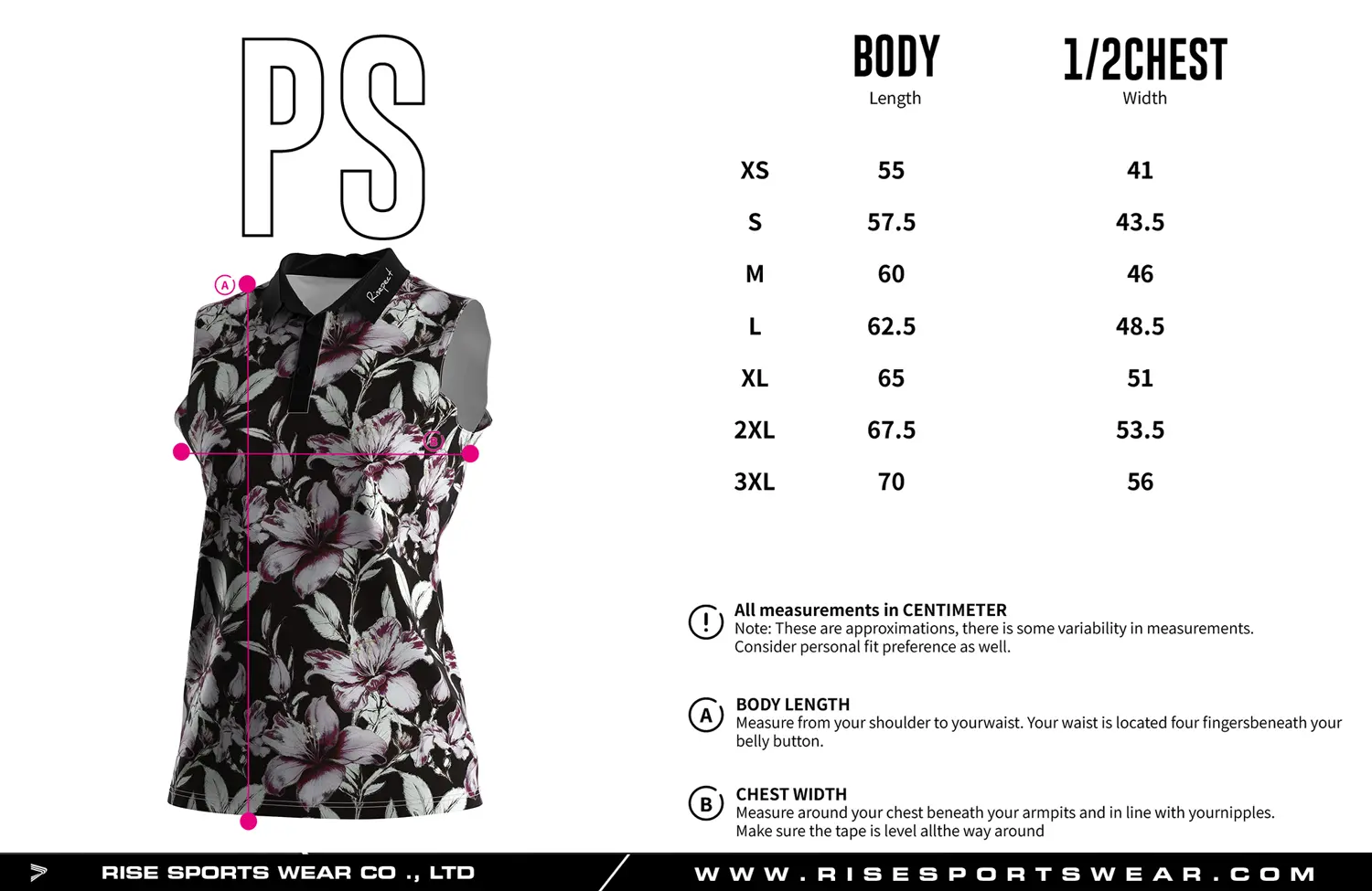 Luxury-crafted sleeveless women's golf polo shirt size chart — measurements in cm from XS to 3XL including width and length.