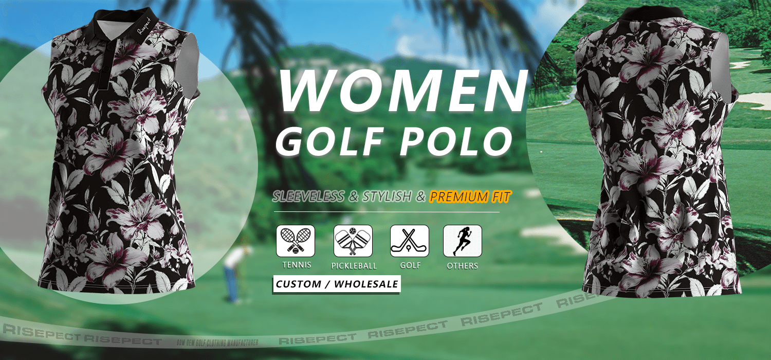 Luxury-crafted sleeveless women's golf polo banner showing front and back views of the shirt, suitable for golf, tennis, pickleball, and other sports; ideal for custom branding and wholesale orders.