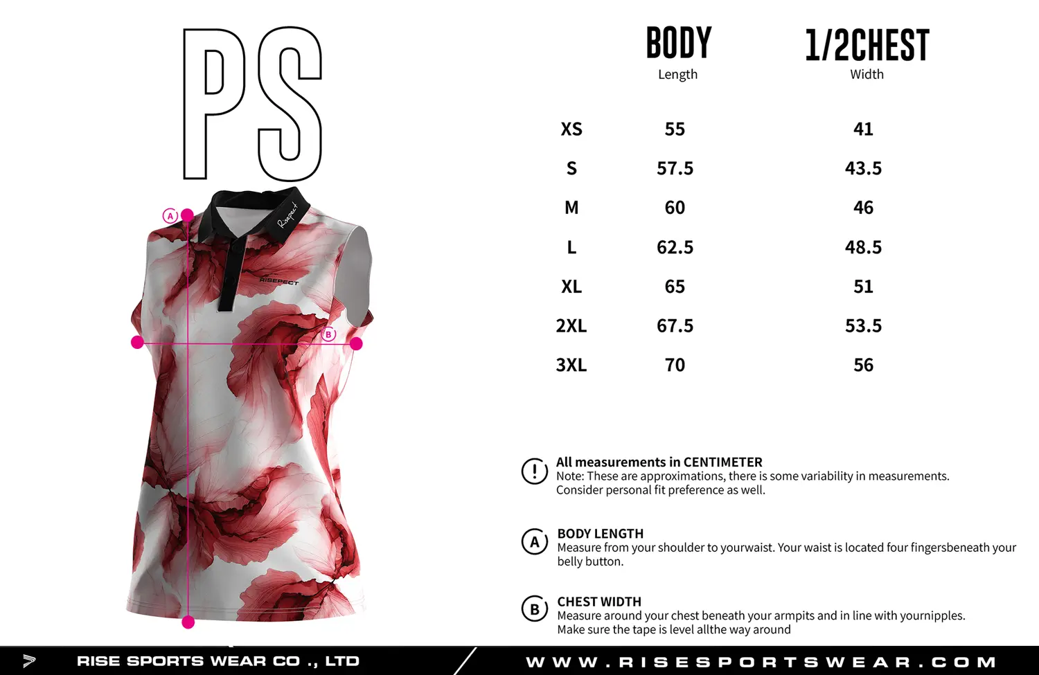 Luxury-crafted sleeveless women's golf polo shirt size chart — measurements in cm from XS to 3XL including width and length.