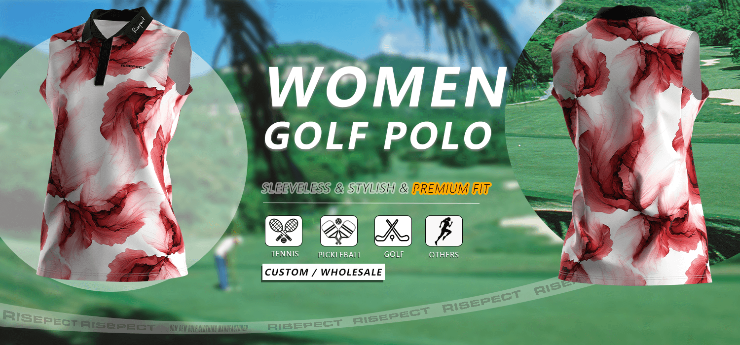 Luxury-crafted sleeveless women's golf polo banner showing front and back views of the shirt, suitable for golf, tennis, pickleball, and other sports; ideal for custom branding and wholesale orders.