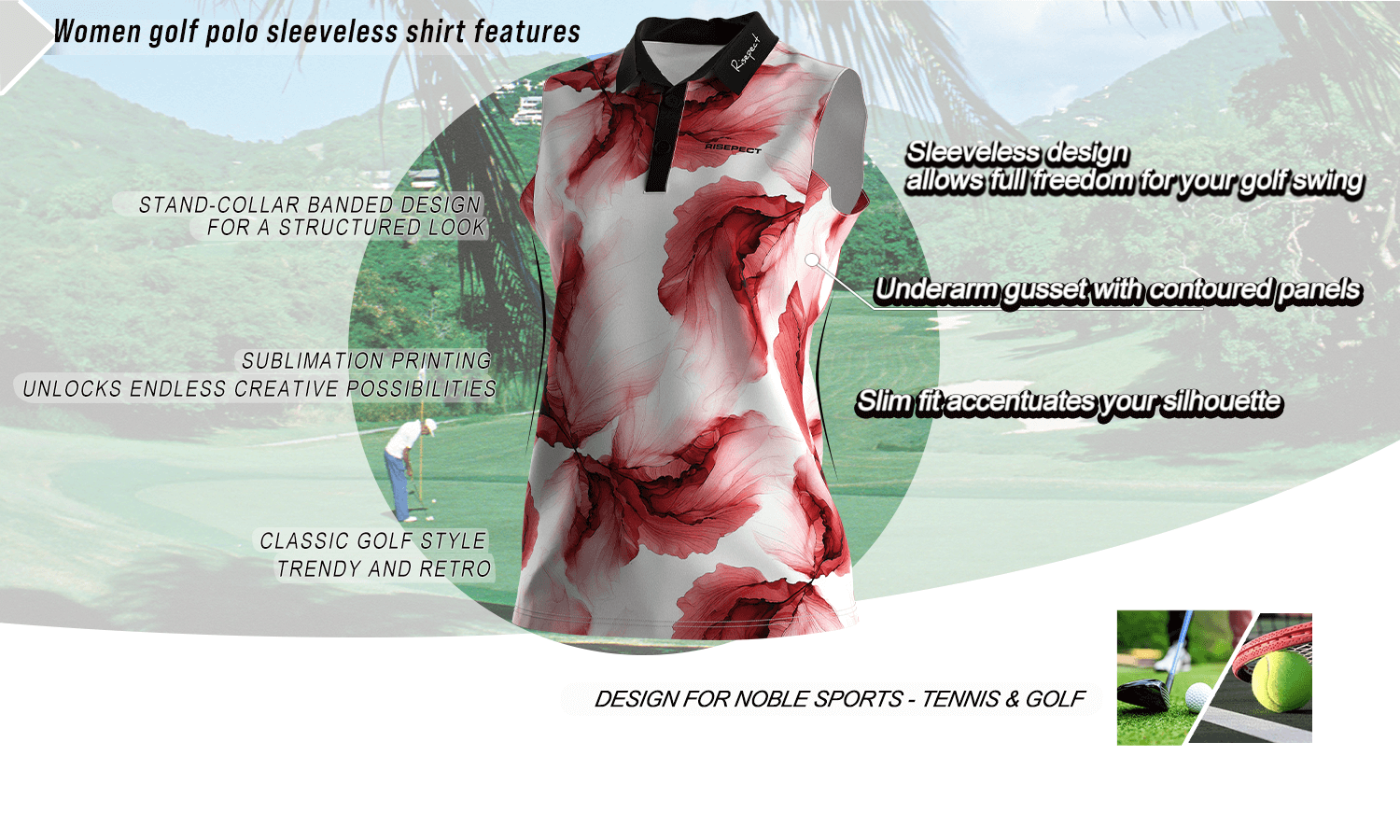 Feature graphic of a luxury-crafted sleeveless women's golf polo shirt highlighting key benefits such as a stand collar, slim fit, breathable fabric, and full-motion design; ideal for golf, tennis, and wholesale customization.