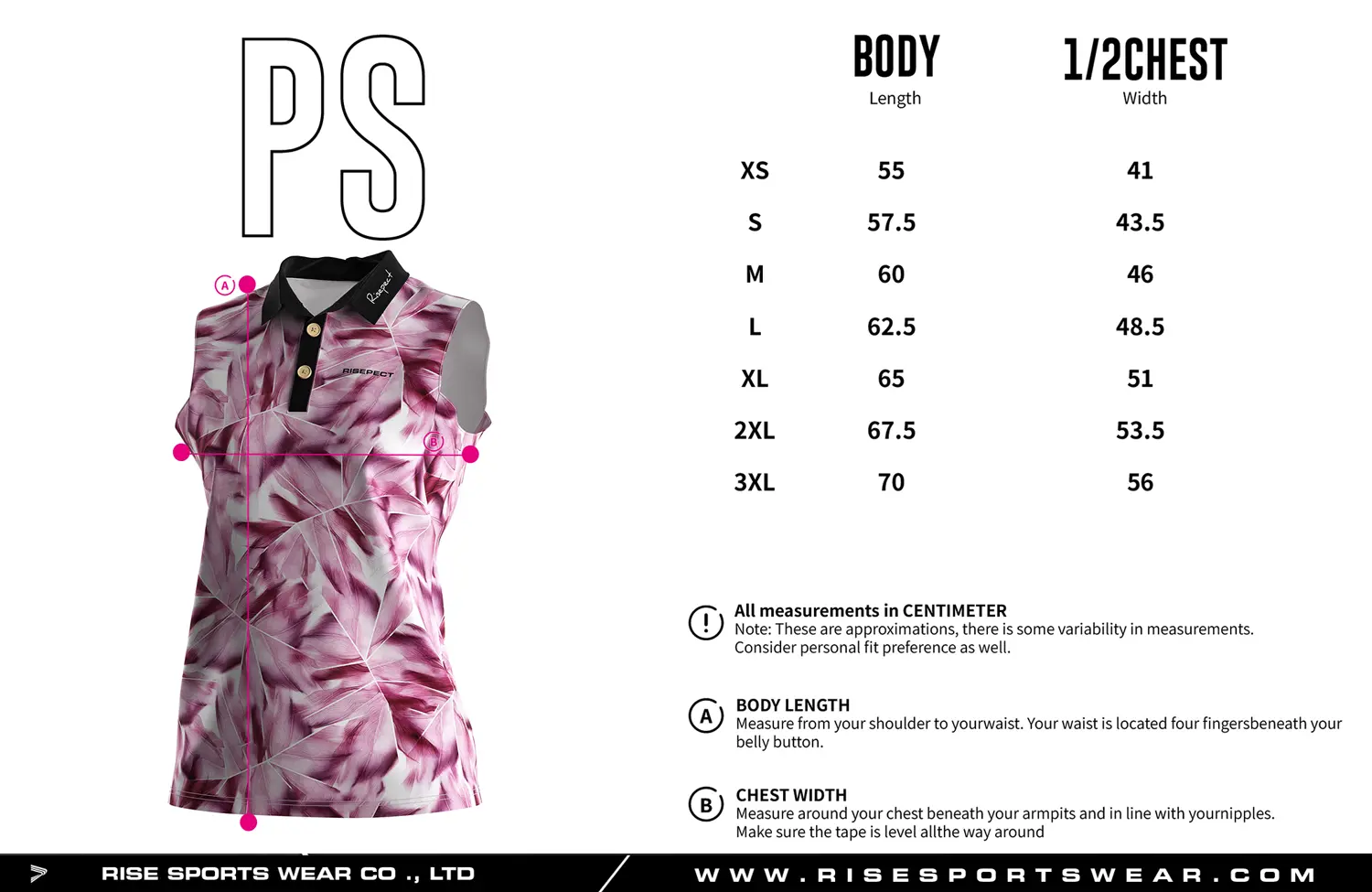 Luxury-crafted sleeveless women's golf polo shirt size chart — measurements in cm from XS to 3XL including width and length.