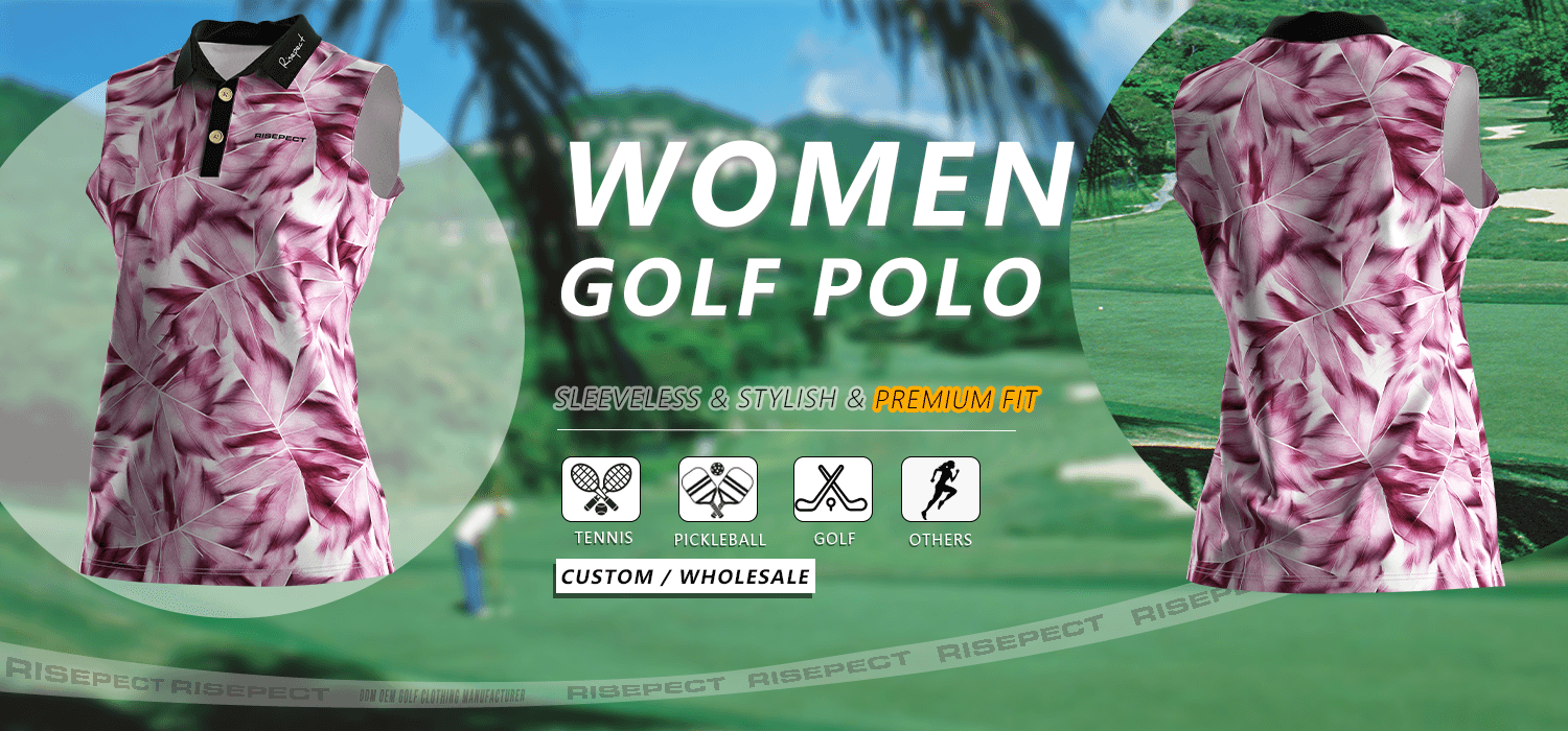 Luxury-crafted sleeveless women's golf polo banner showing front and back views of the shirt, suitable for golf, tennis, pickleball, and other sports; ideal for custom branding and wholesale orders.