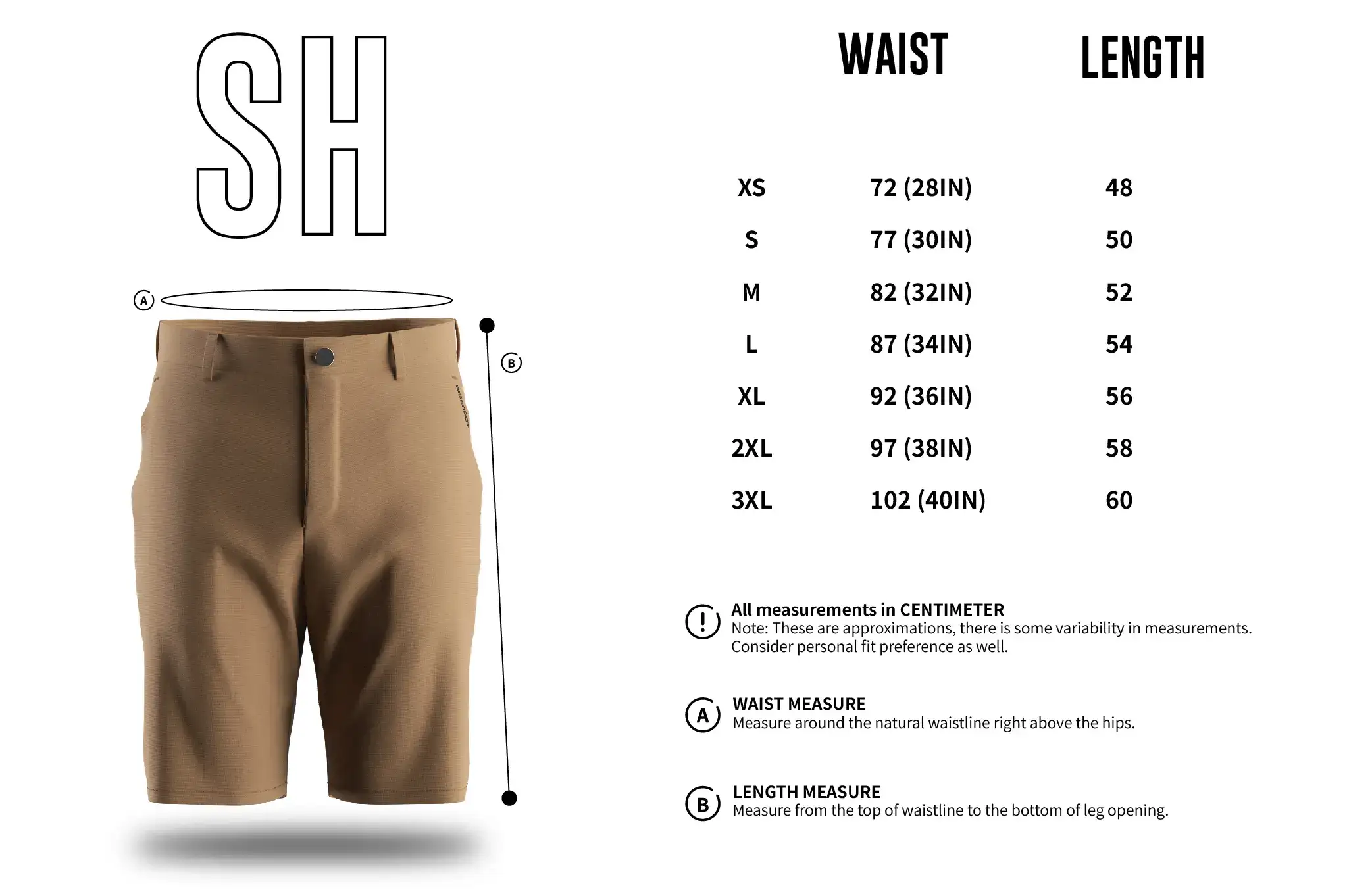 Adult sizes chart of luxury-crafted men's golf shorts, or custom your own brand/team sizes chart.