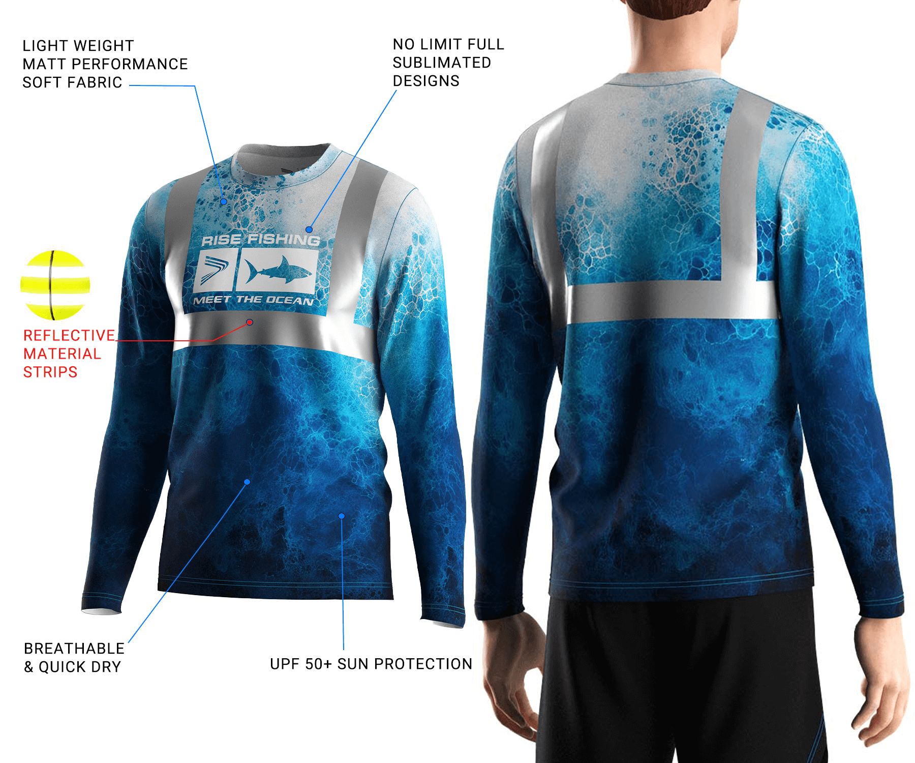 Reflective long sleeve fishing shirt with men's back view on model, front design and callouts highlighting key performance features