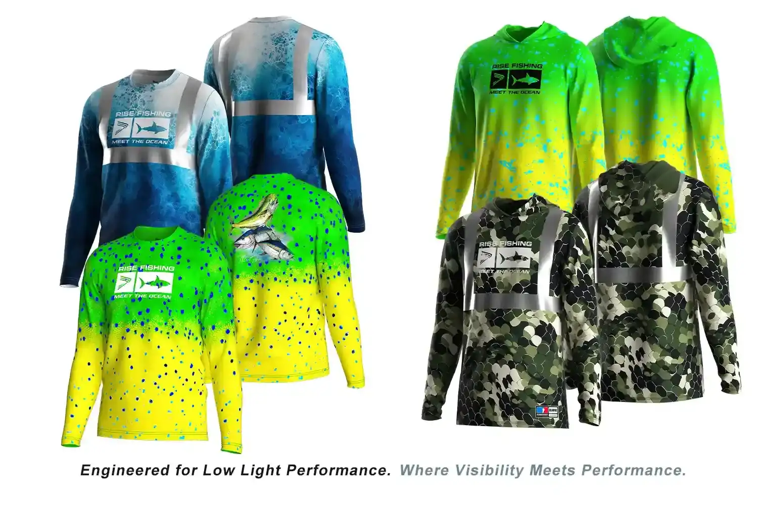 Front and back views of four fishing shirts: reflective strip long sleeve crew neck T-shirt, reflective strip long sleeve hooded shirt, fluorescent ink sublimated long sleeve crew neck T-shirt, and fluorescent ink sublimated long sleeve hooded shirt, engineered for low-light visibility and performance.
