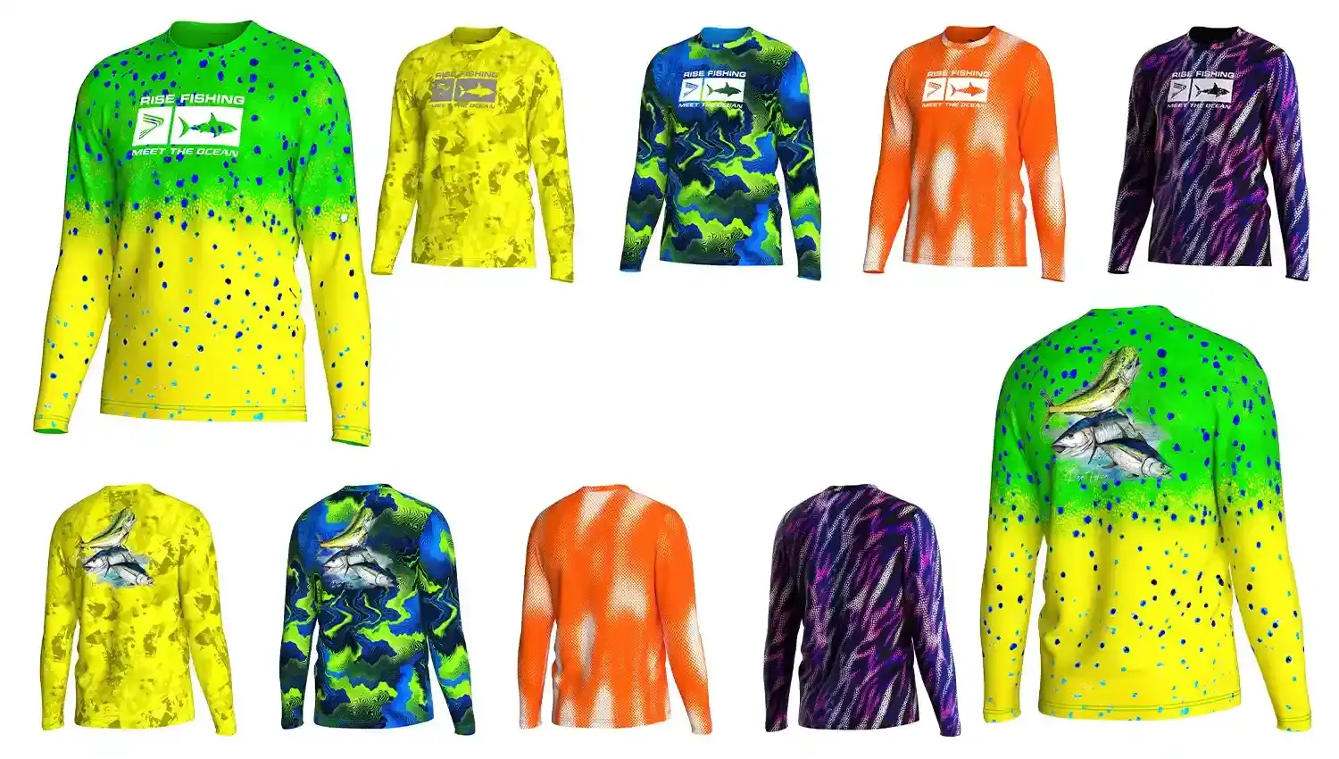 Five fluorescent sublimated fishing long sleeve crew neck t-shirt showing front and back designs, highlighting the blue ocean pattern with fluorescent sublimation.