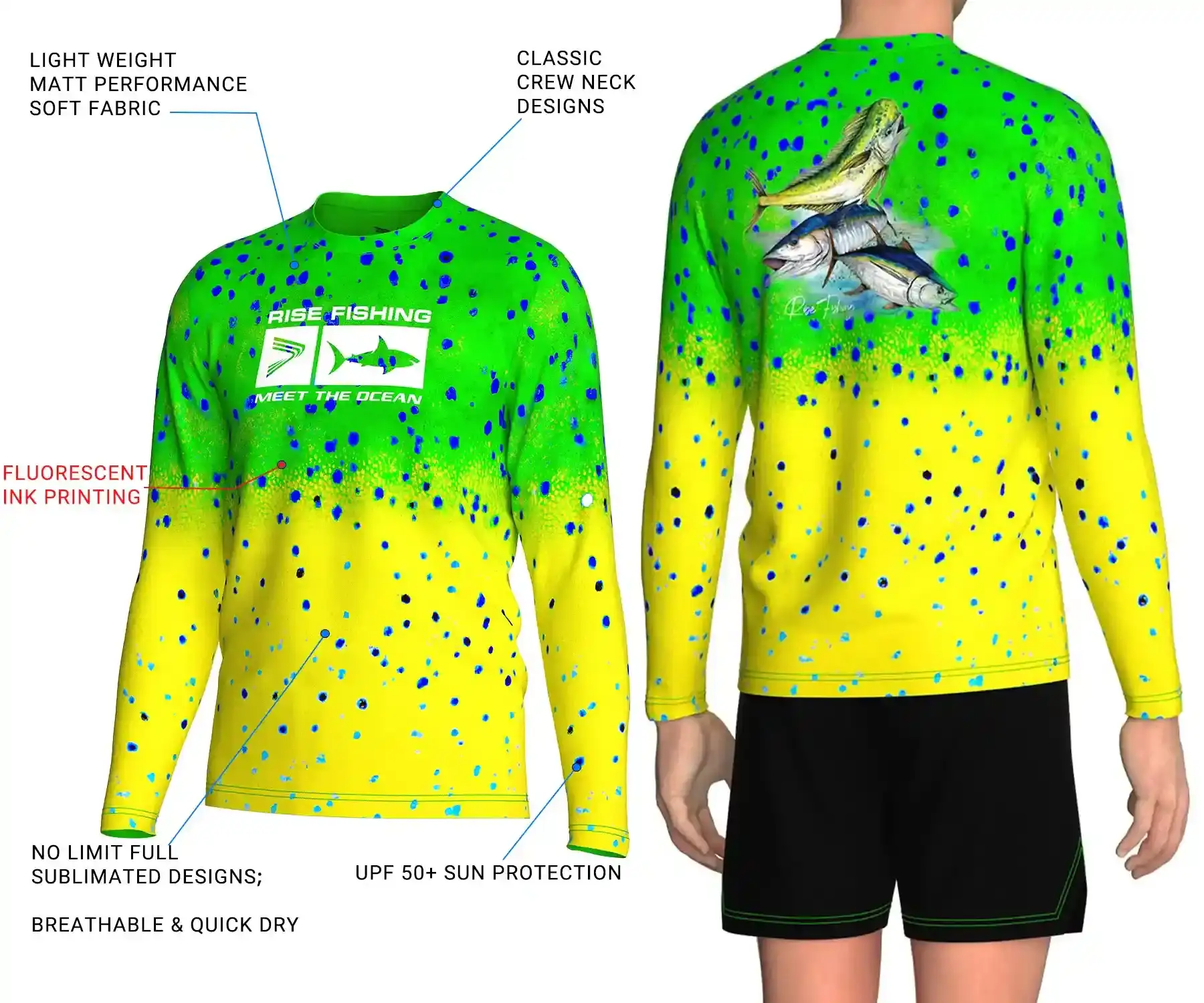 fluorescent sublimated fishing long sleeve crew neck t-shirt with men's back view on model, front design and callouts highlighting key performance features