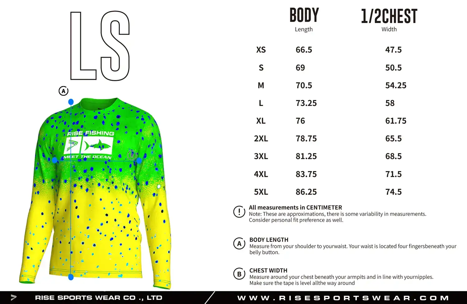 Men's Sizes Chart of Fluorescent Sublimated Fishing Long Sleeve Crew Neck T-Shirt