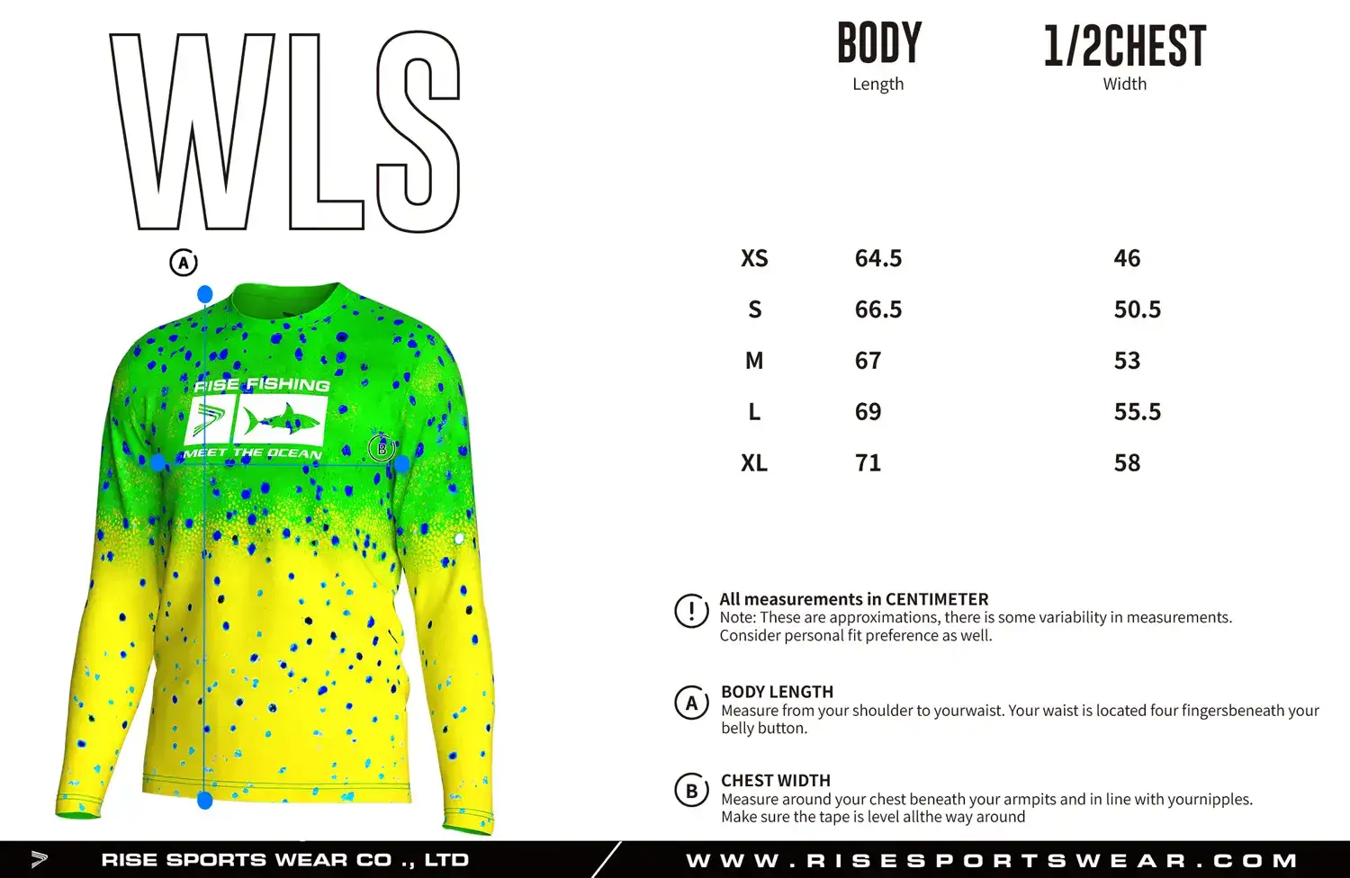 Women's Sizes Chart of Fluorescent Sublimated Fishing Long Sleeve Crew Neck T-Shirt