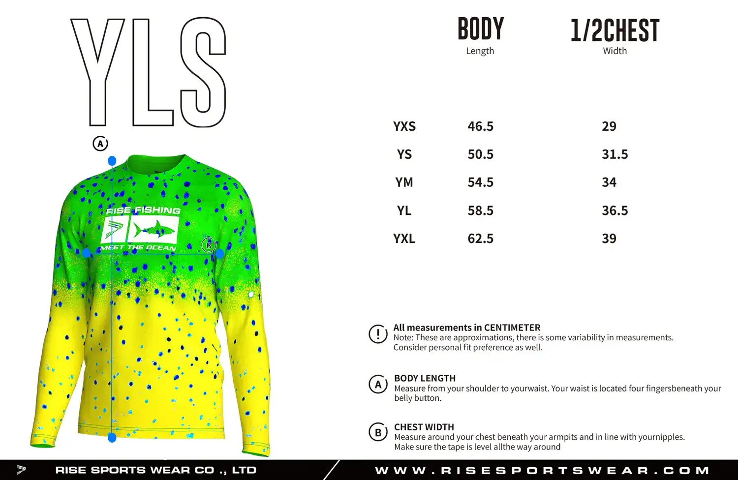 Youth Sizes Chart of Fluorescent Sublimated Fishing Long Sleeve Crew Neck T-Shirt