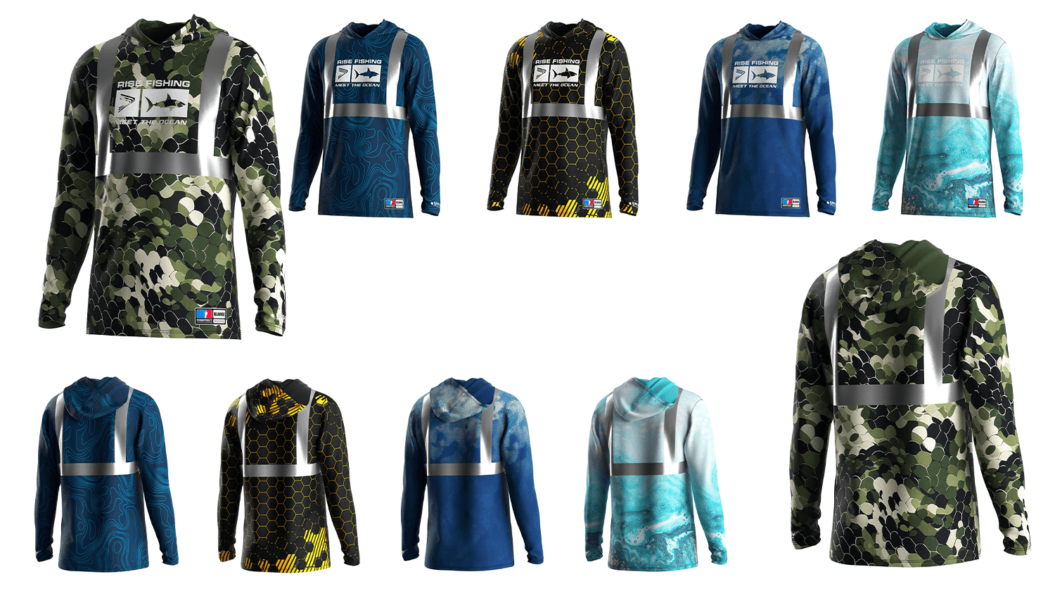 Five reflective long sleeve hooded fishing long sleeve shirts showing front and back designs, highlighting the green camouflage pattern with reflective strips