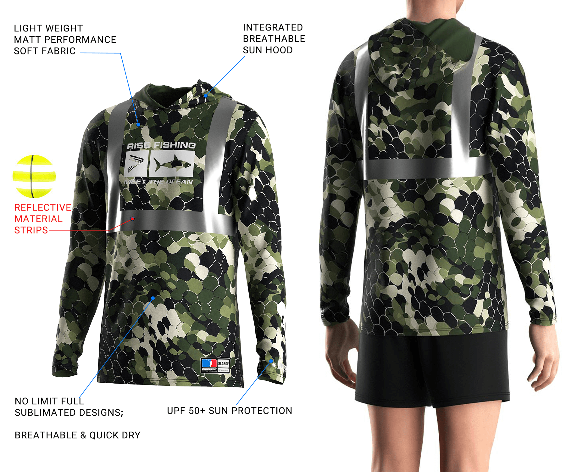 Reflective long sleeve hooded fishing shirt with men's back view on model, front design and callouts highlighting key performance features