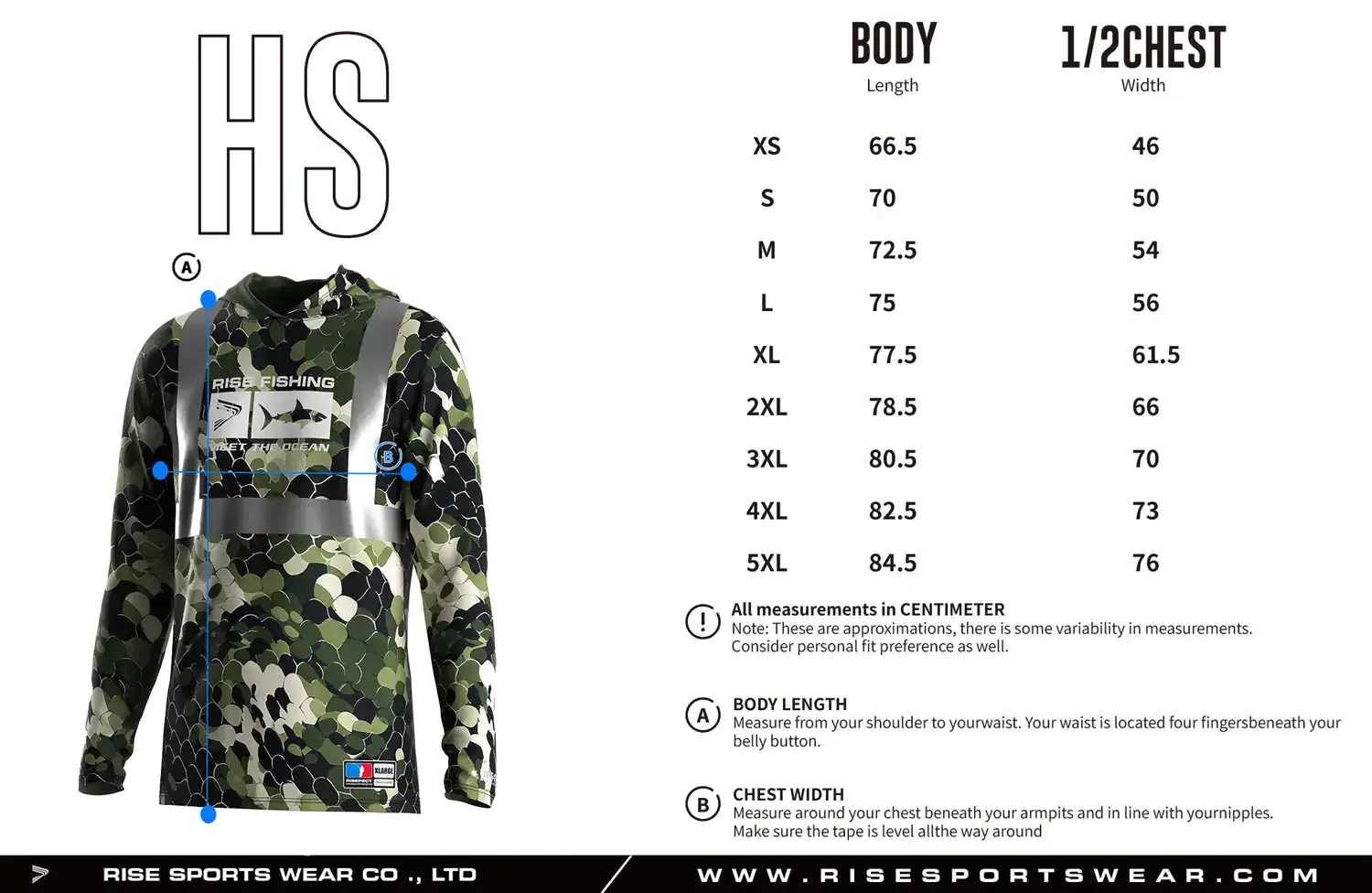 Men's Sizes Chart of Custom Reflective Fishing Hoodie UPF 50 Quick Dry Sublimated Shirt