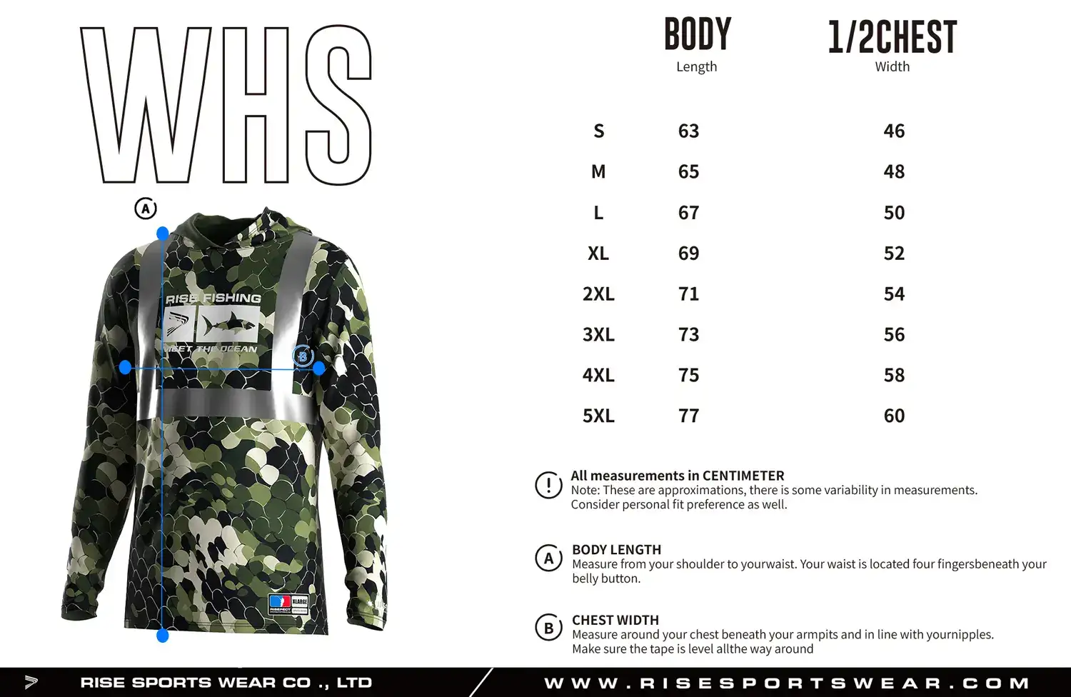 Women's Sizes Chart of Custom Reflective Fishing Hoodie UPF 50 Quick Dry Sublimated Shirt