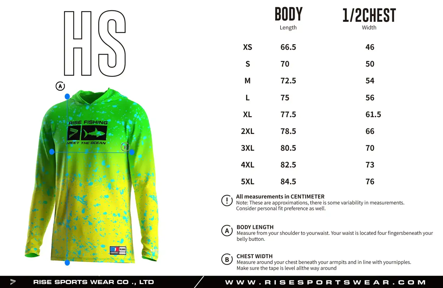 Men's Sizes Chart of Fluorescent Fishing Hoodie UPF 50 Quick Dry Sublimated Shirt