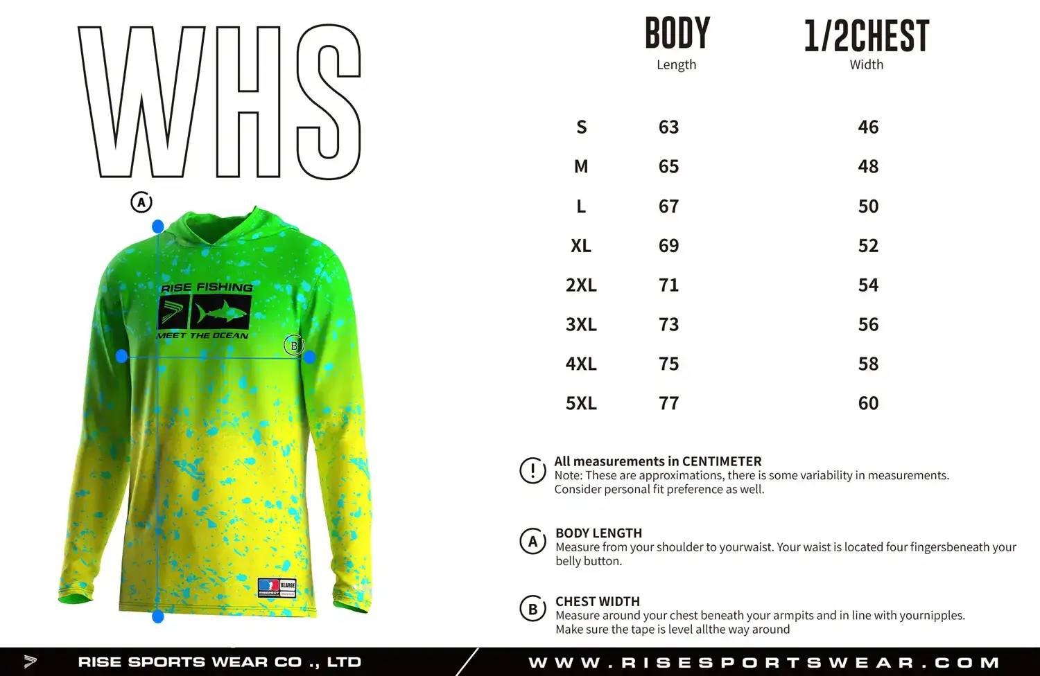 Women's Sizes Chart of Fluorescent Fishing Hoodie UPF 50 Quick Dry Sublimated Shirt