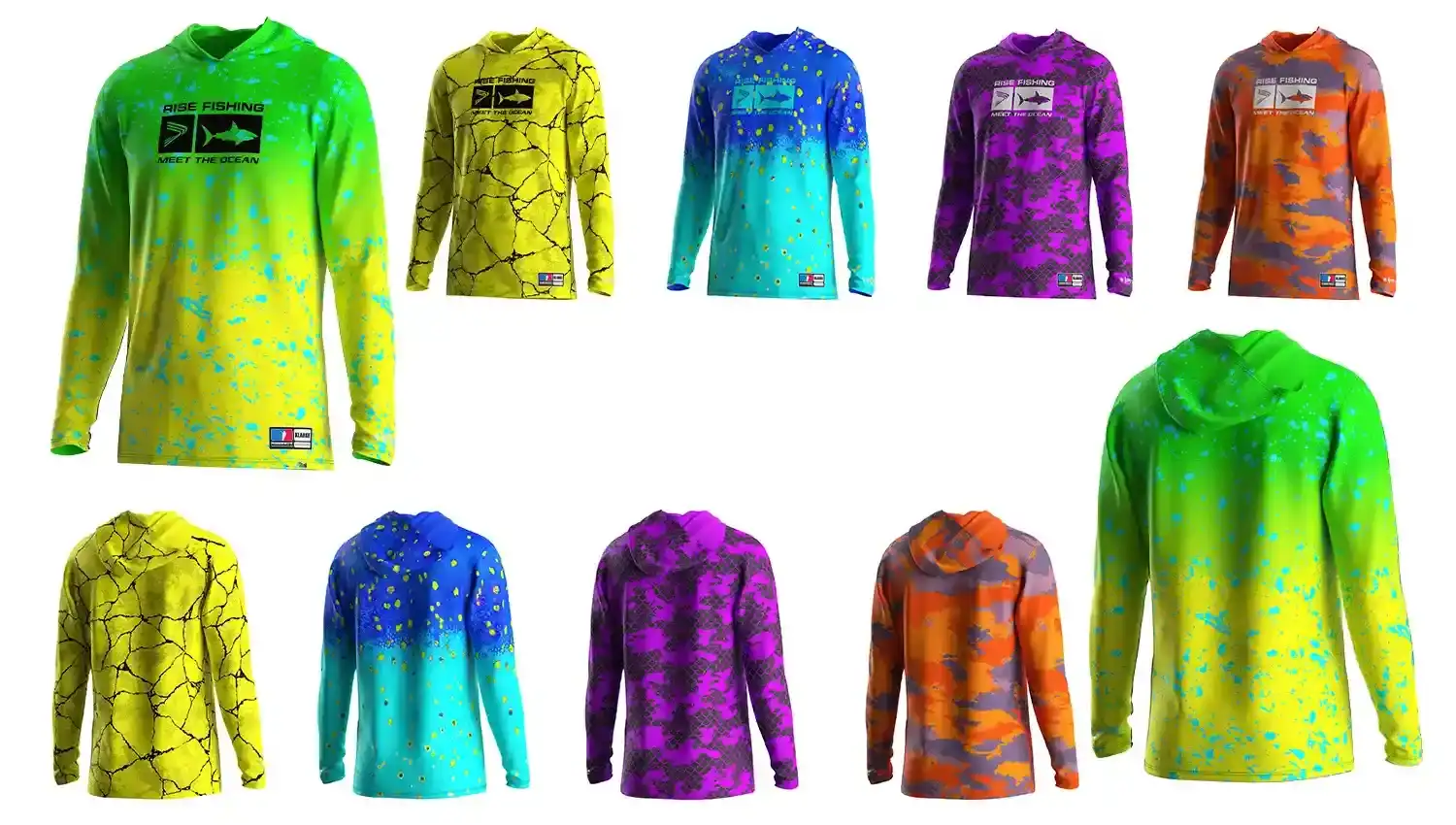 Five fluorescent long sleeve hooded fishing long sleeve shirts showing front and back designs, highlighting the green to yellow gradient pattern with fluorescent ink