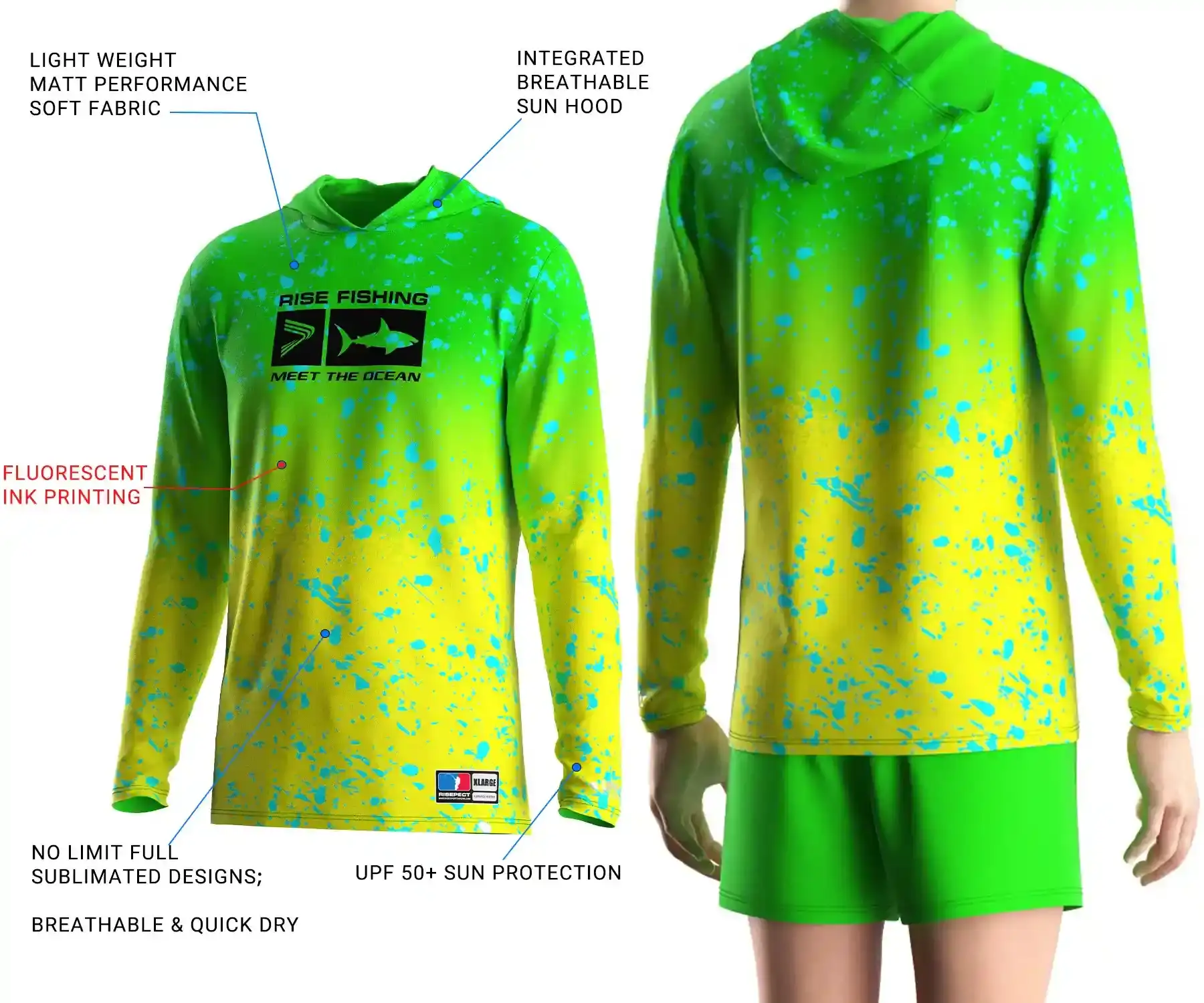 Fluorescent long sleeve hooded fishing shirt with men's back view on model, front design and callouts highlighting key performance features