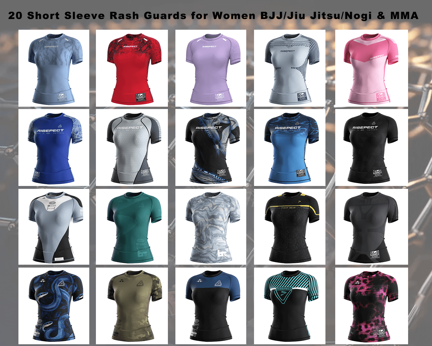 Sublimated rash guard collection showing 20 color variations of women's short sleeve rash guard with the same professional cut