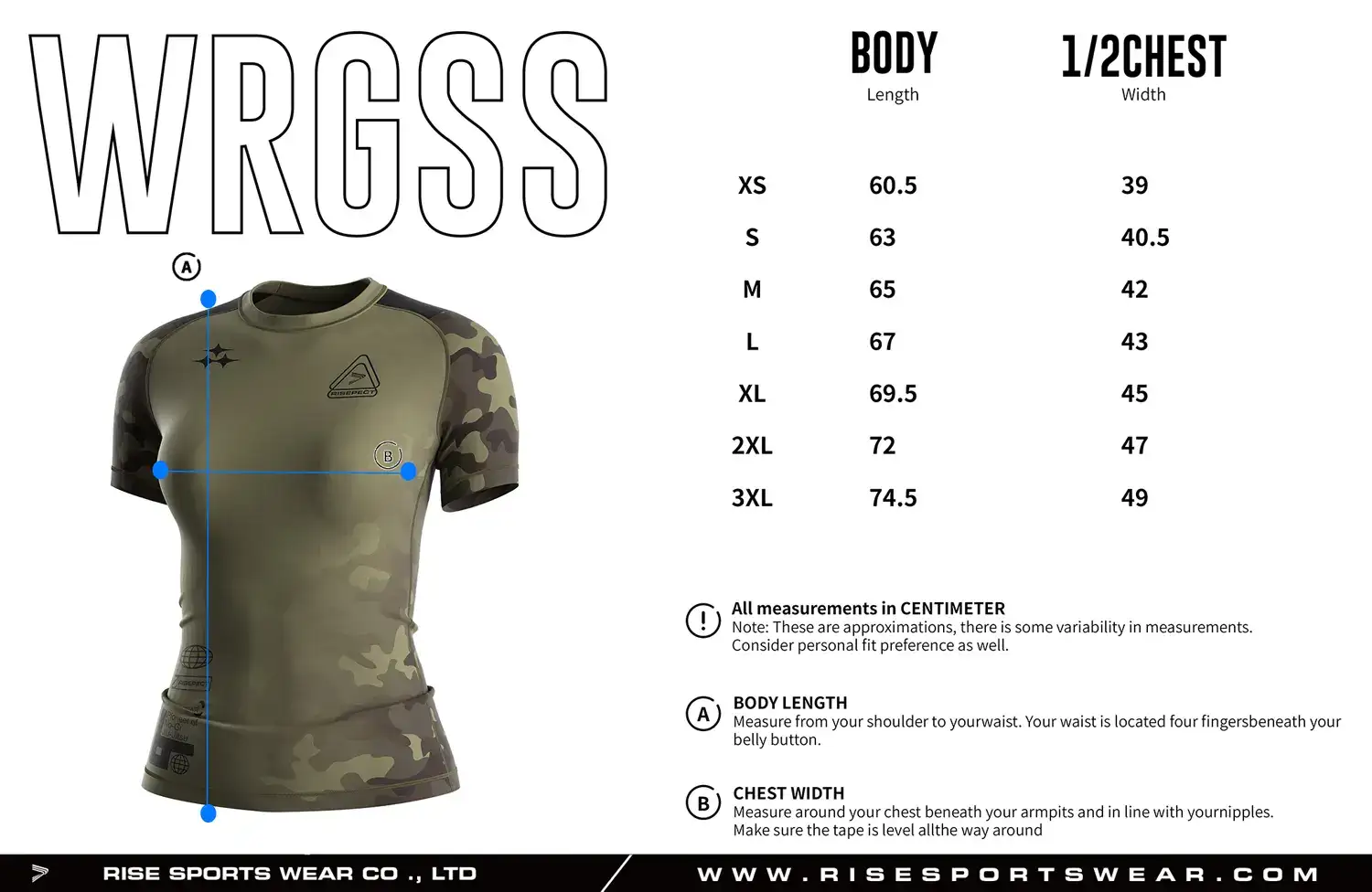 Women's BJJ rash guard size chart for adults with custom BJJ rash guard sizing options for private label brands
