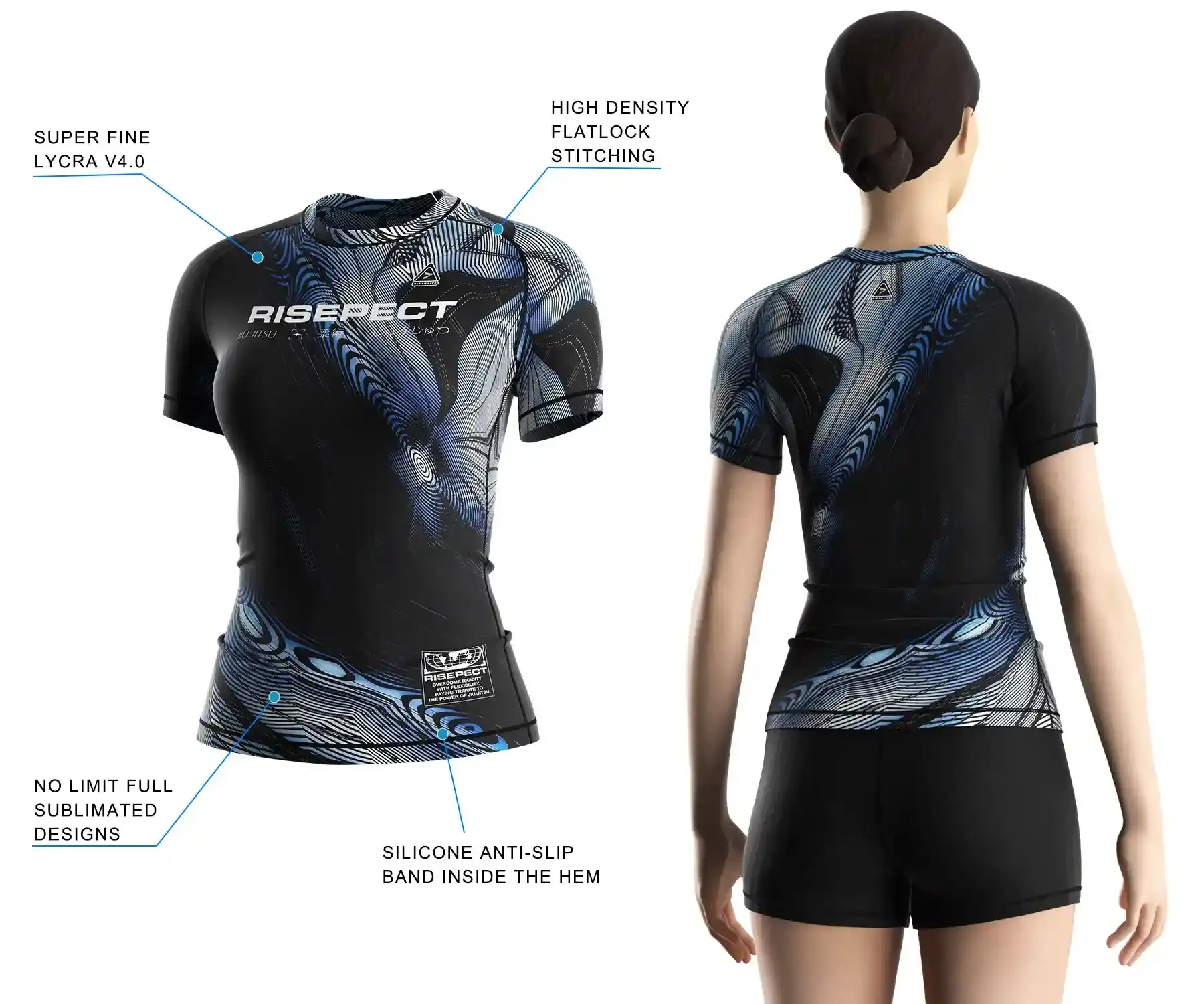 Women's BJJ rash guard worn by female model back view with 3D front design highlighting lycra rash guard fabric, flatlock stitching, and anti-slip silicone hem