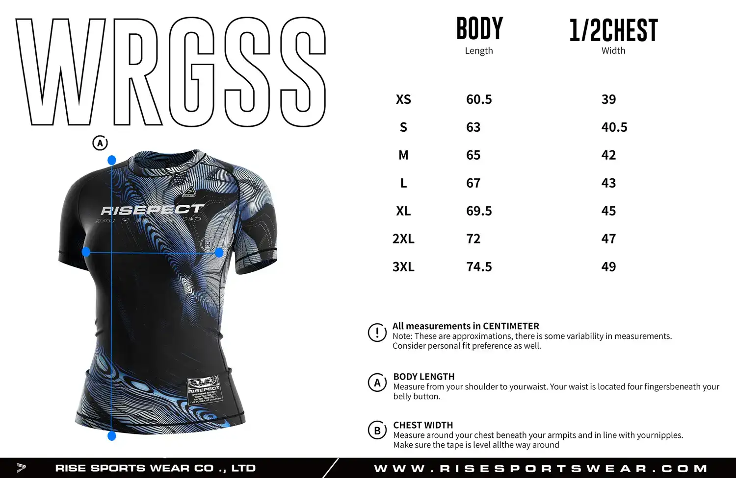 Women's BJJ rash guard size chart for adults with custom BJJ rash guard sizing options for private label brands